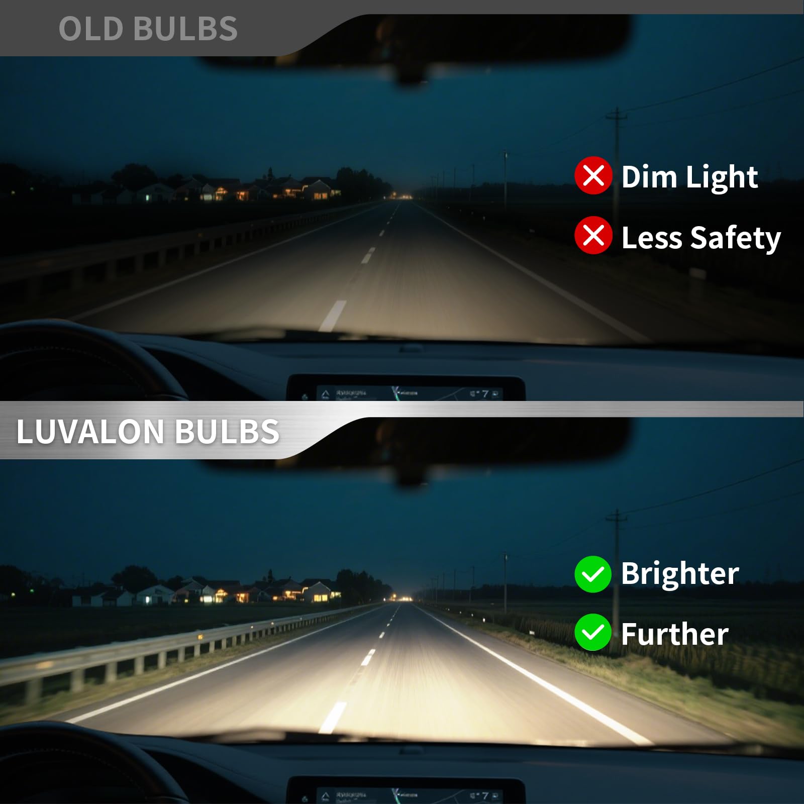 LUVALON bulbs in use on an Elantra during a night drive illustrating clearer road visibility