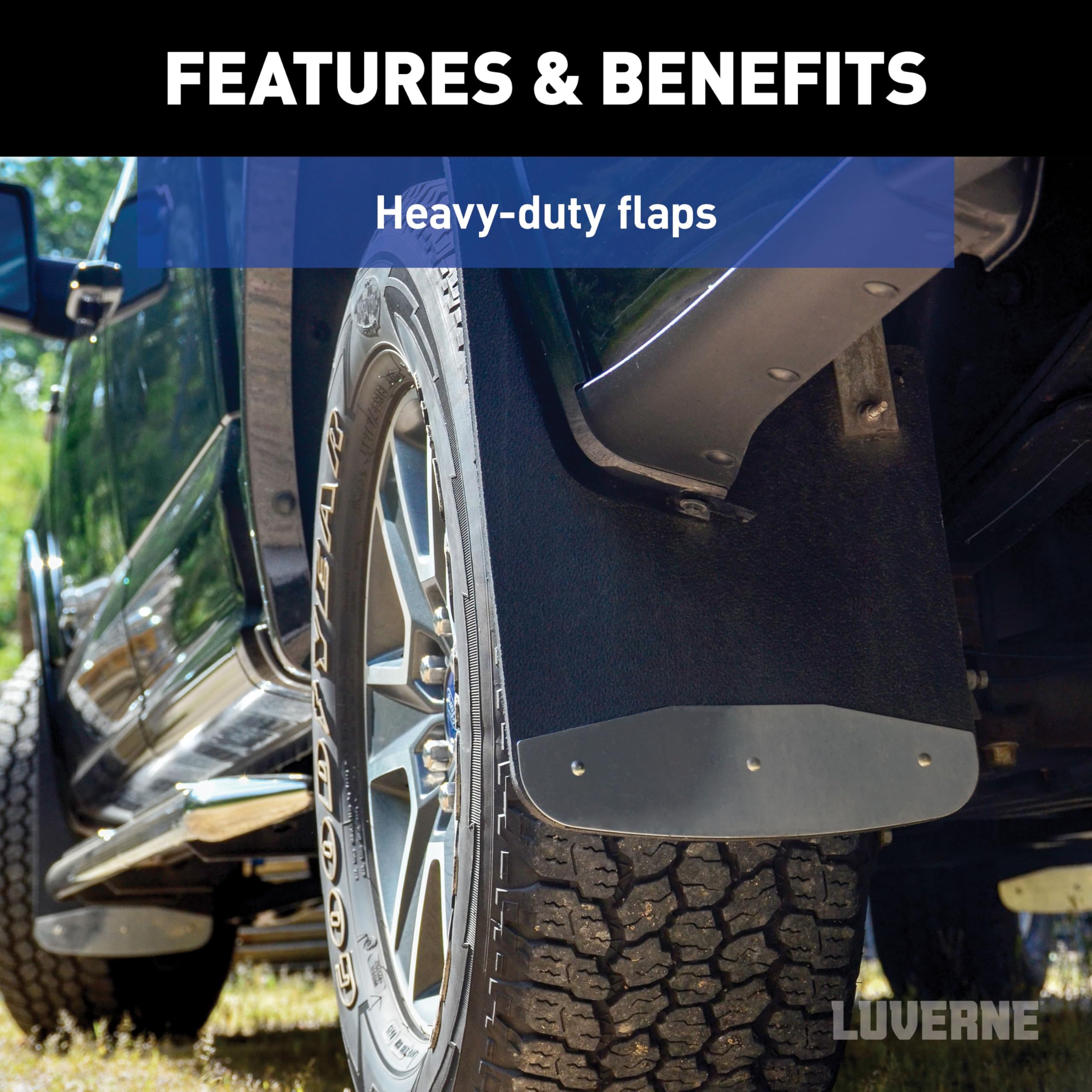 LUVERNE mud guard installed at rear wheel showing spray deflection and vehicle preservation