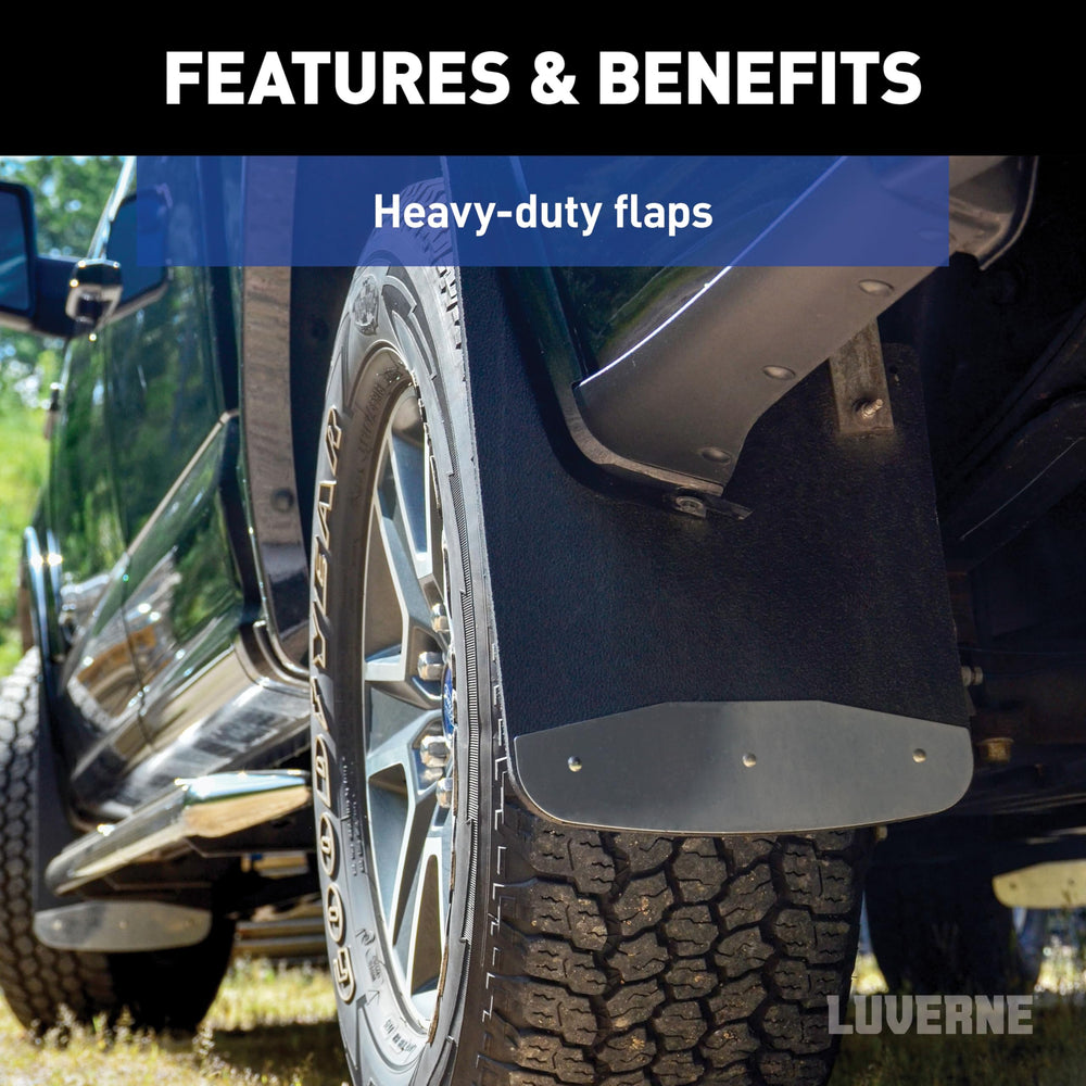 LUVERNE mud guard installed at rear wheel showing spray deflection and vehicle preservation