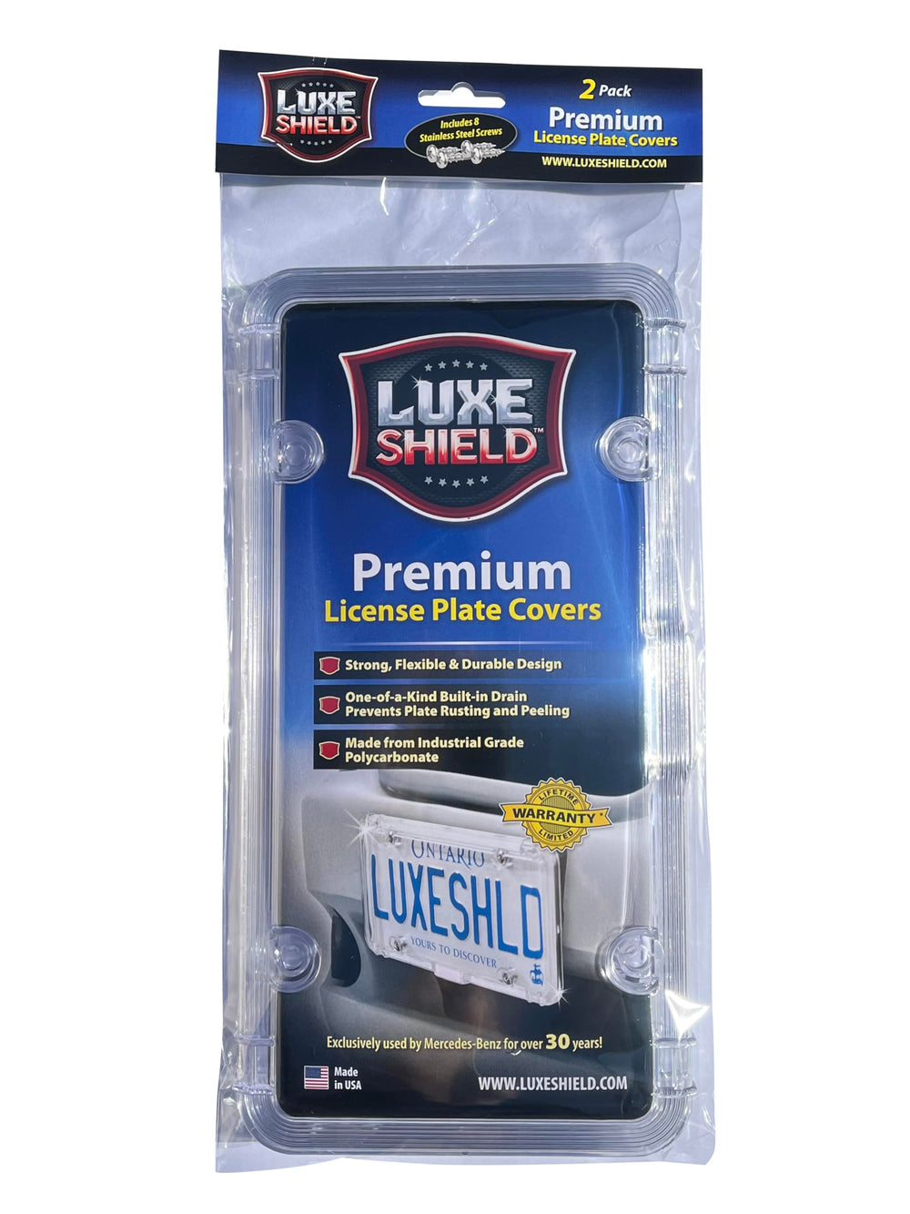 Luxe Shield installed on a vehicle rear demonstrating all-weather plate protection