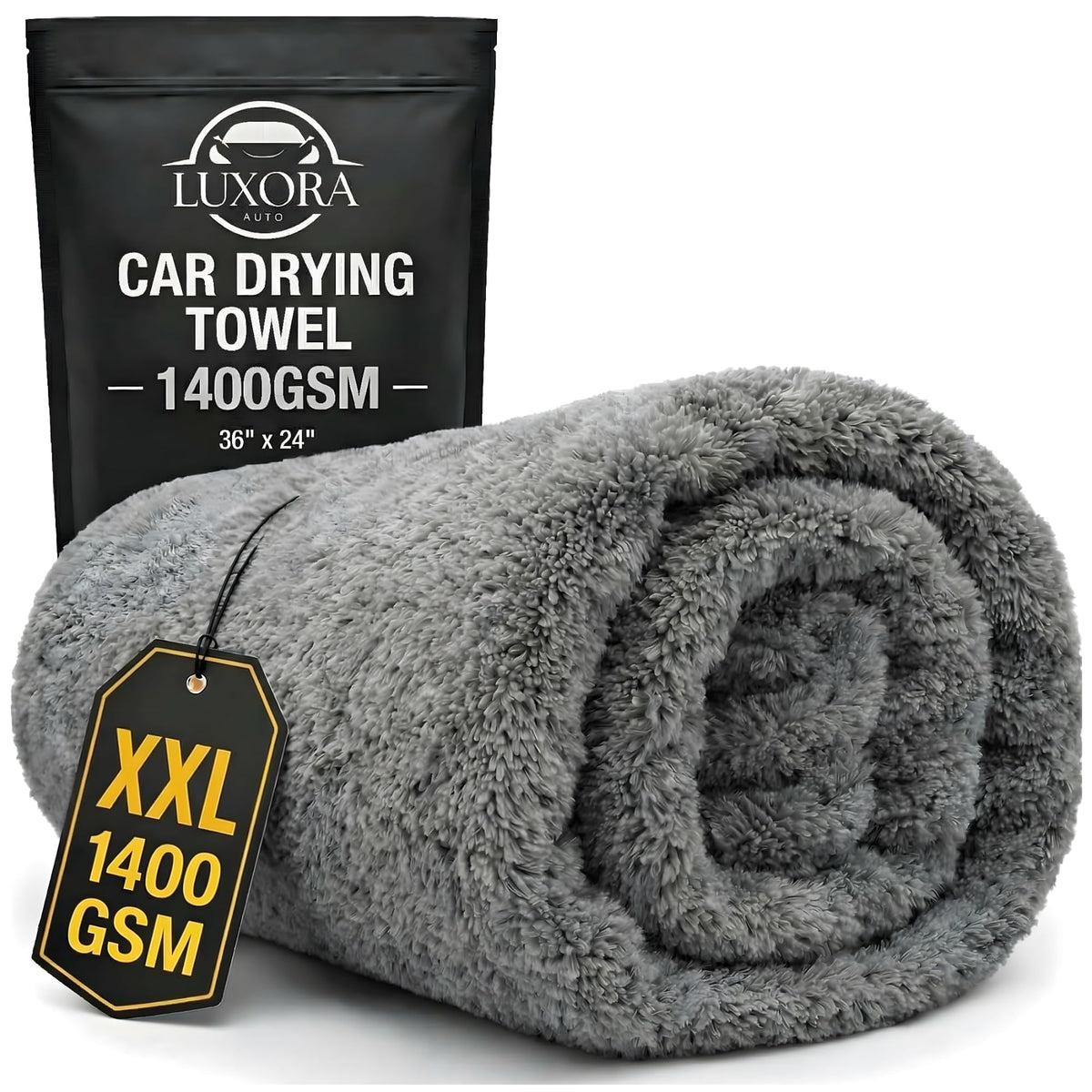 LUXORA AUTO folded towel front view showing size and charcoal color with durable look