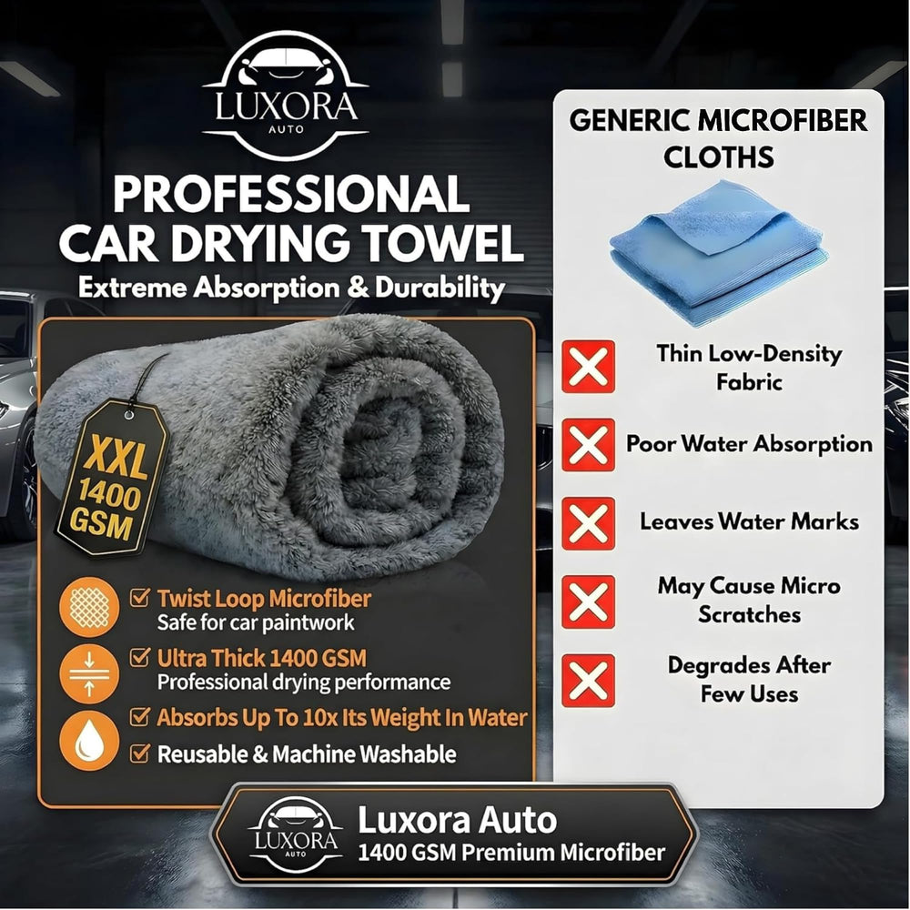 LUXORA AUTO towel on driveway drying a vehicle in a home detailing setup