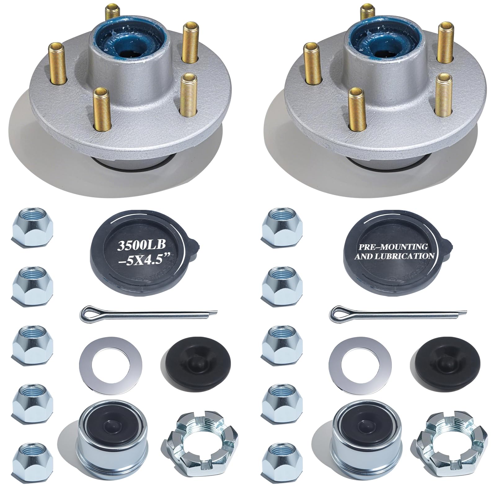 LUXTRKSTO front view of both galvanized idler hubs, showing bolt pattern and finish benefiting corrosion resistance