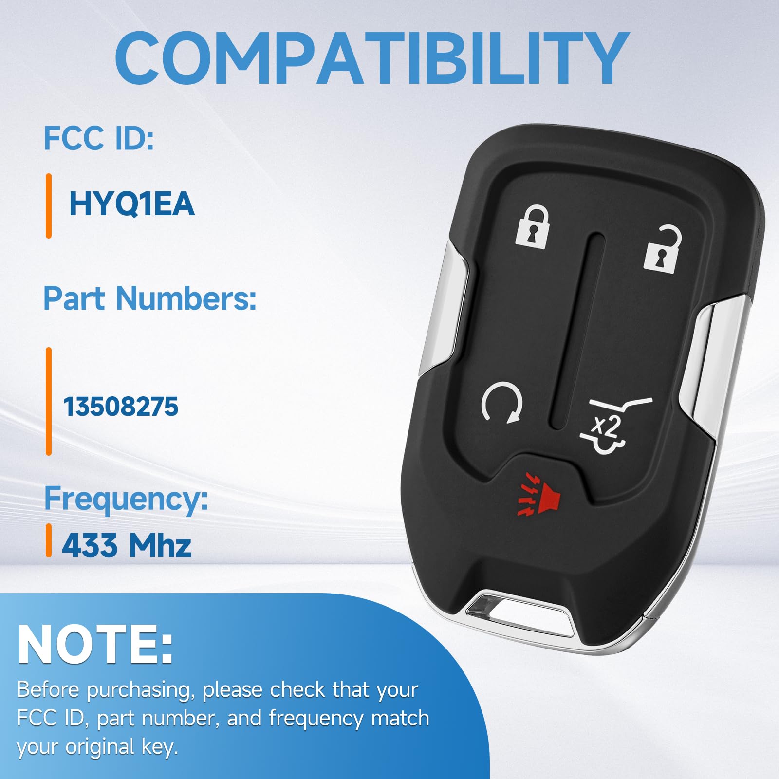 LYFUCESS key fob rear label showing FCC ID HYQ1EA and compatibility details