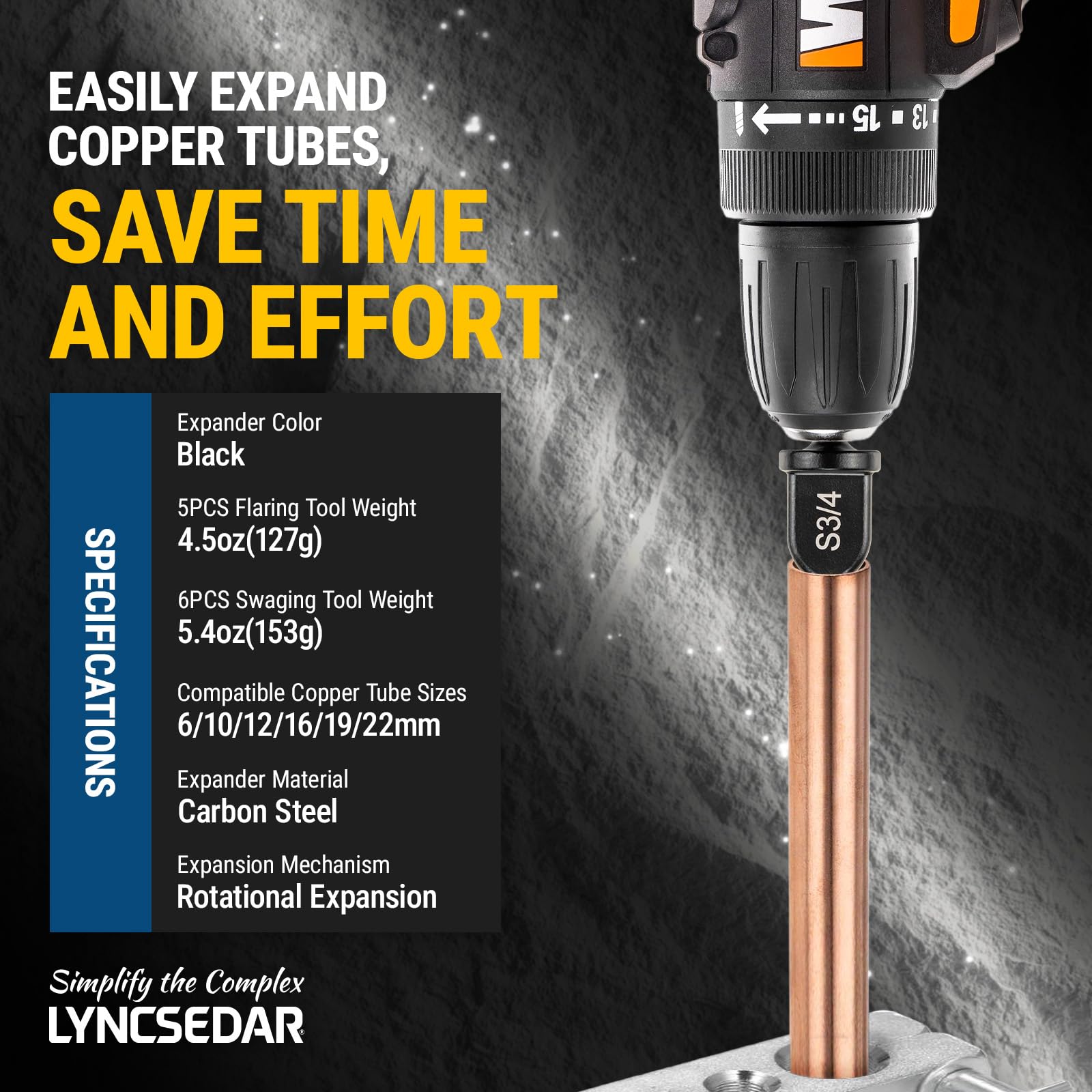 LYNCSEDAR 1/4 inch hex shank detail ensures drill compatibility and quick change