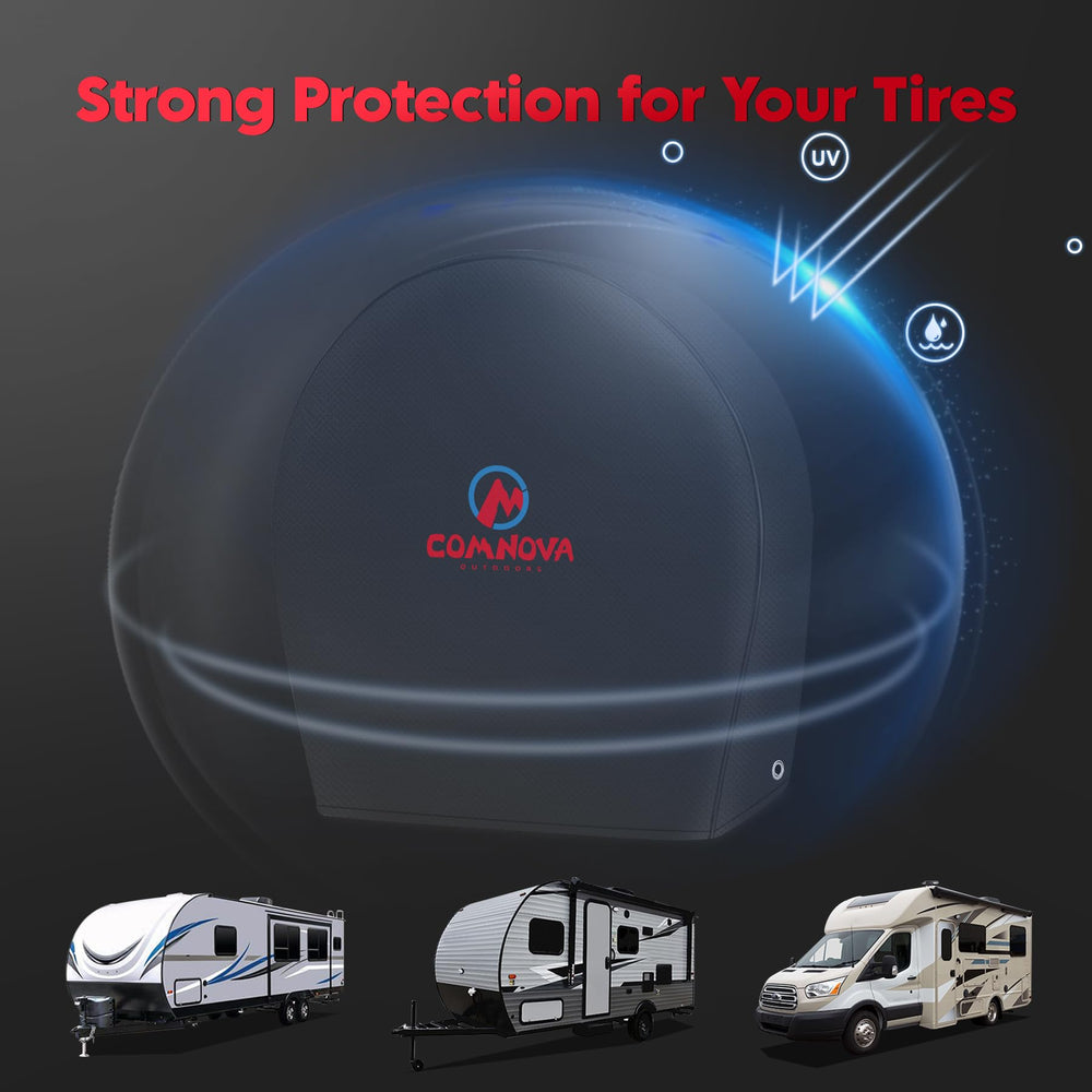 M COMNOVA OUTDOORS lifestyle shot at RV park showing protected tires and outdoor readiness