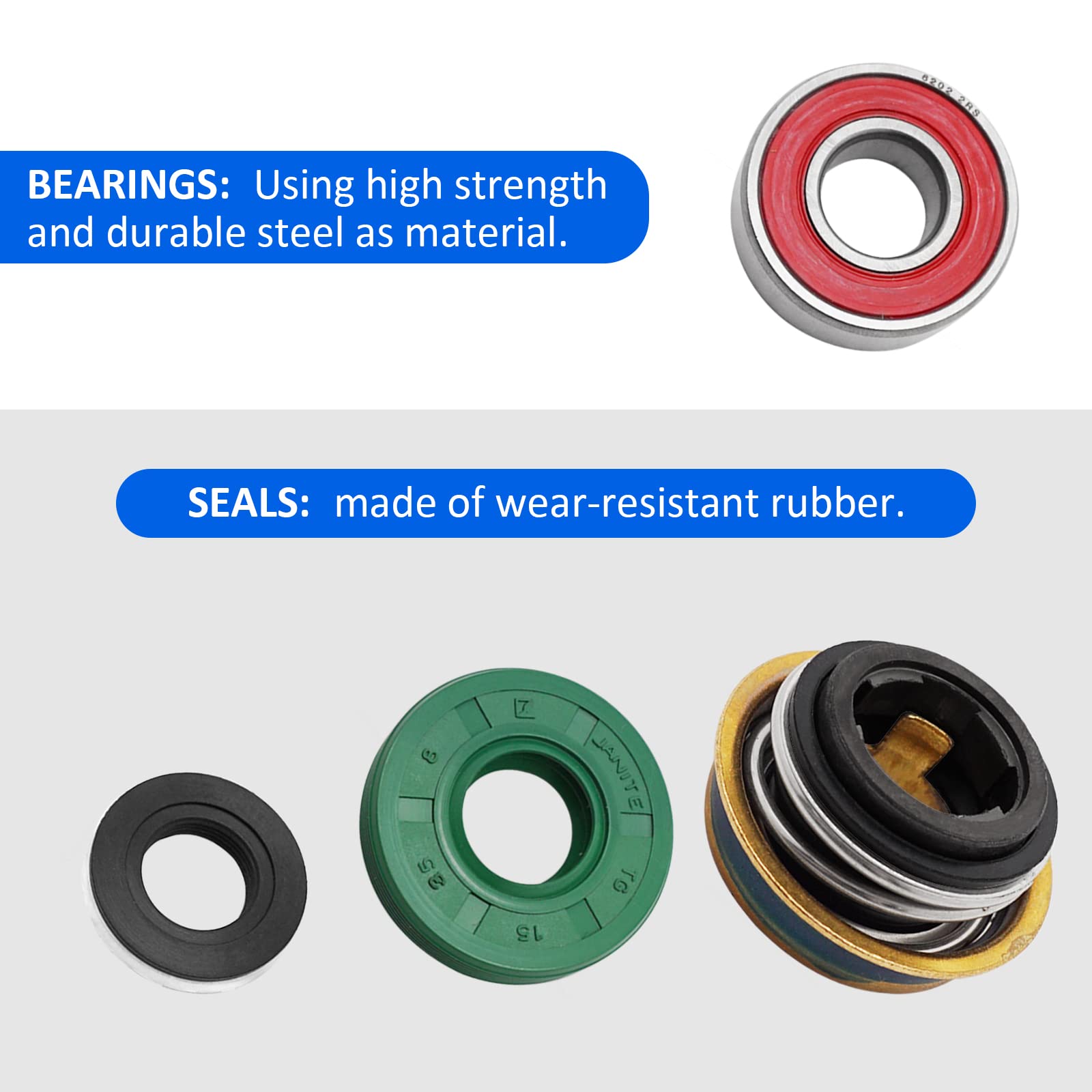 M MATI bearing and backside seal close-up illustrating quieter operation and improved fit