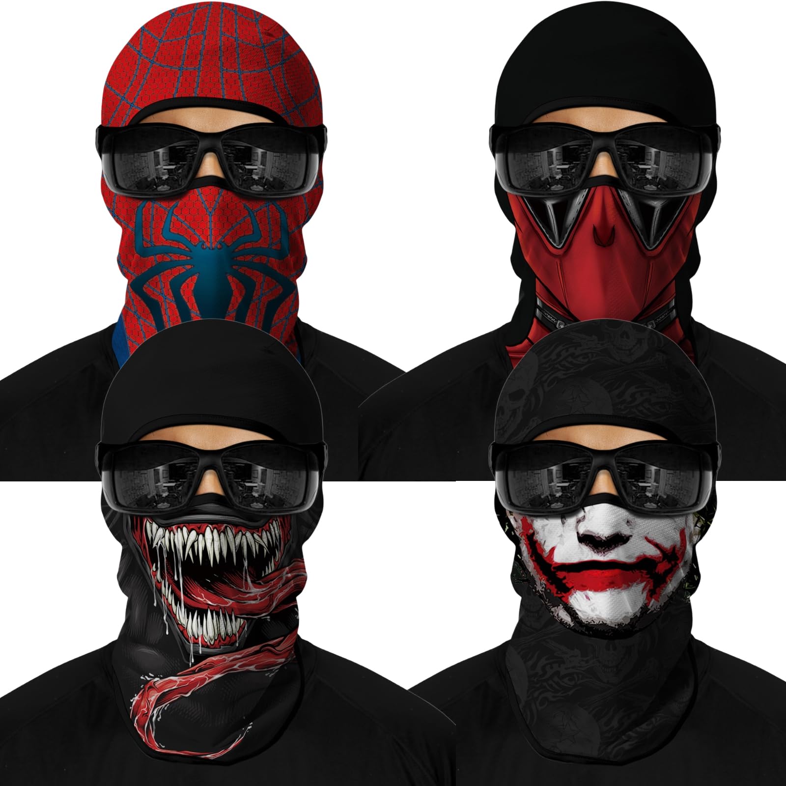 M-YOUNG front view of four balaclavas showing prints and benefits of variety