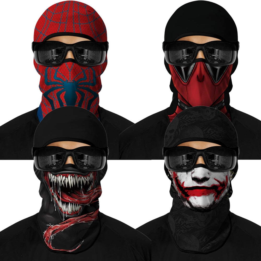 M-YOUNG front view of four balaclavas showing prints and benefits of variety