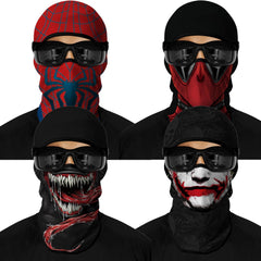 M-YOUNG front view of four balaclavas showing prints and benefits of variety