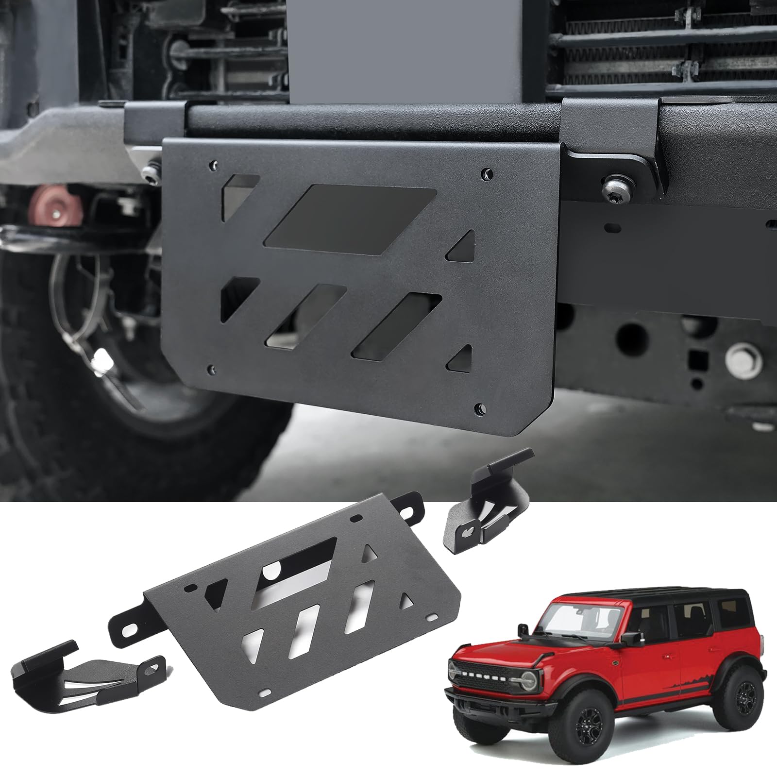 Mabett bracket front-mounted on Bronco showing secure fit and neat appearance