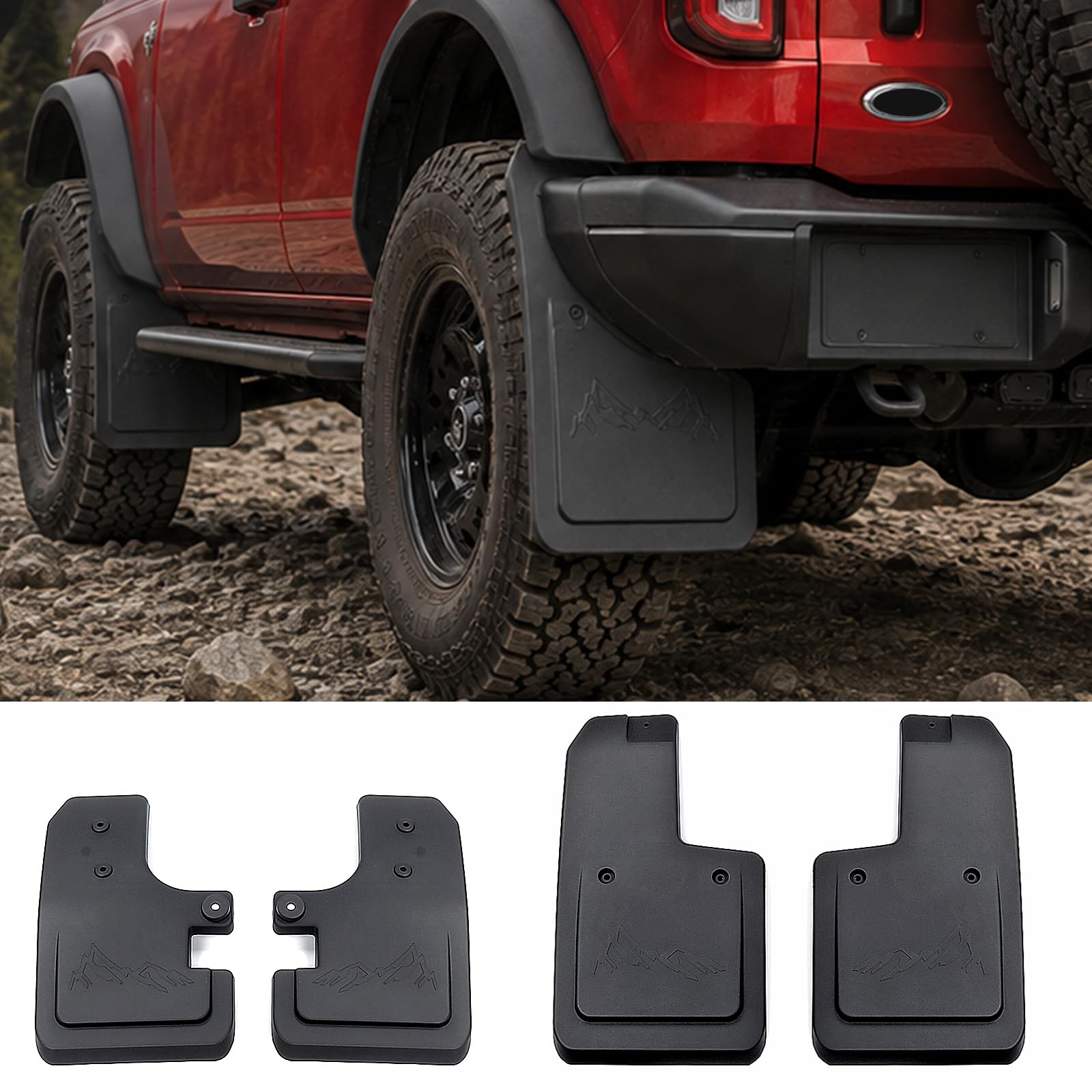 Mabett front mud flap installed on Bronco protects paint and reduces spray