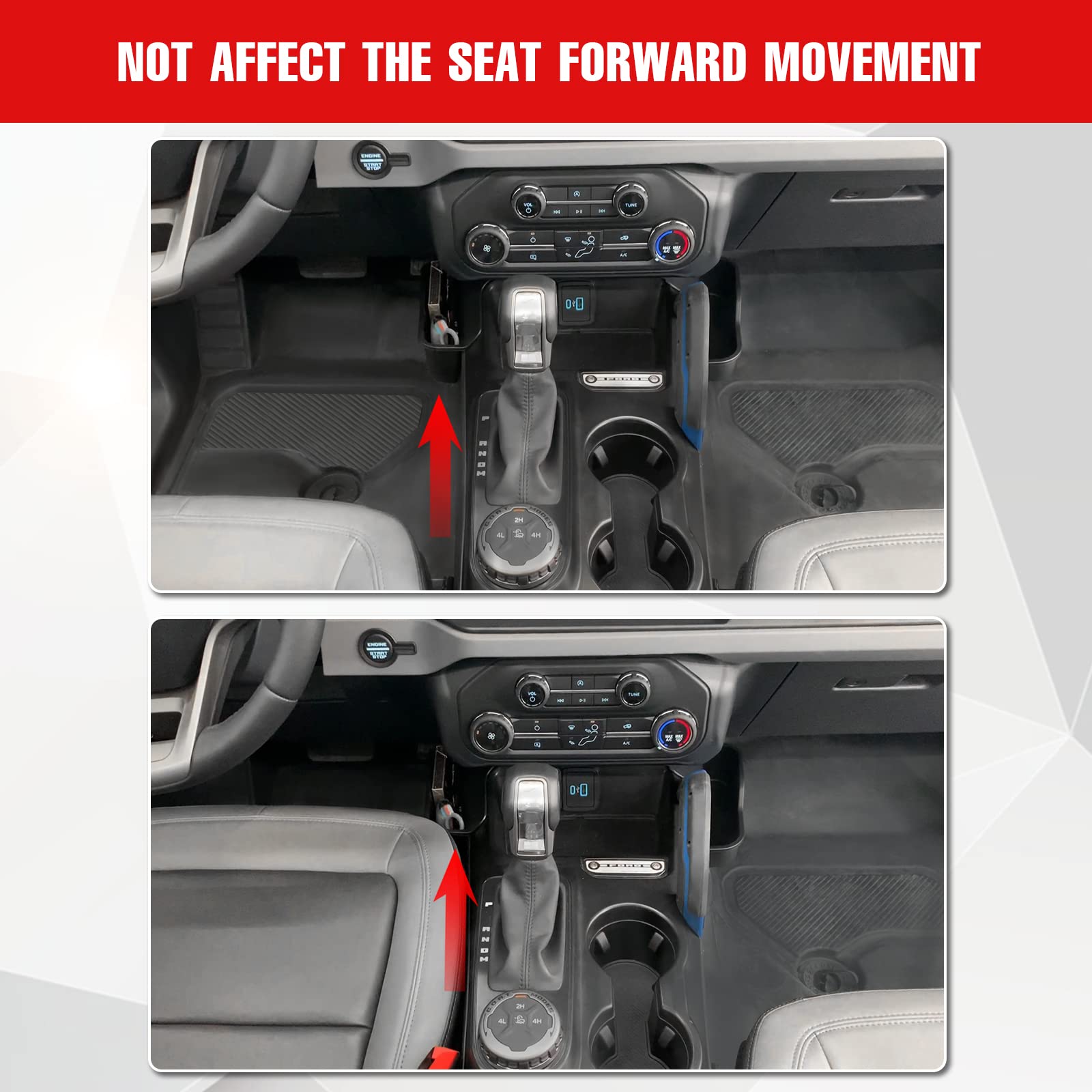Mabett installed beside Bronco shifter showing accessible pocket that improves reachability