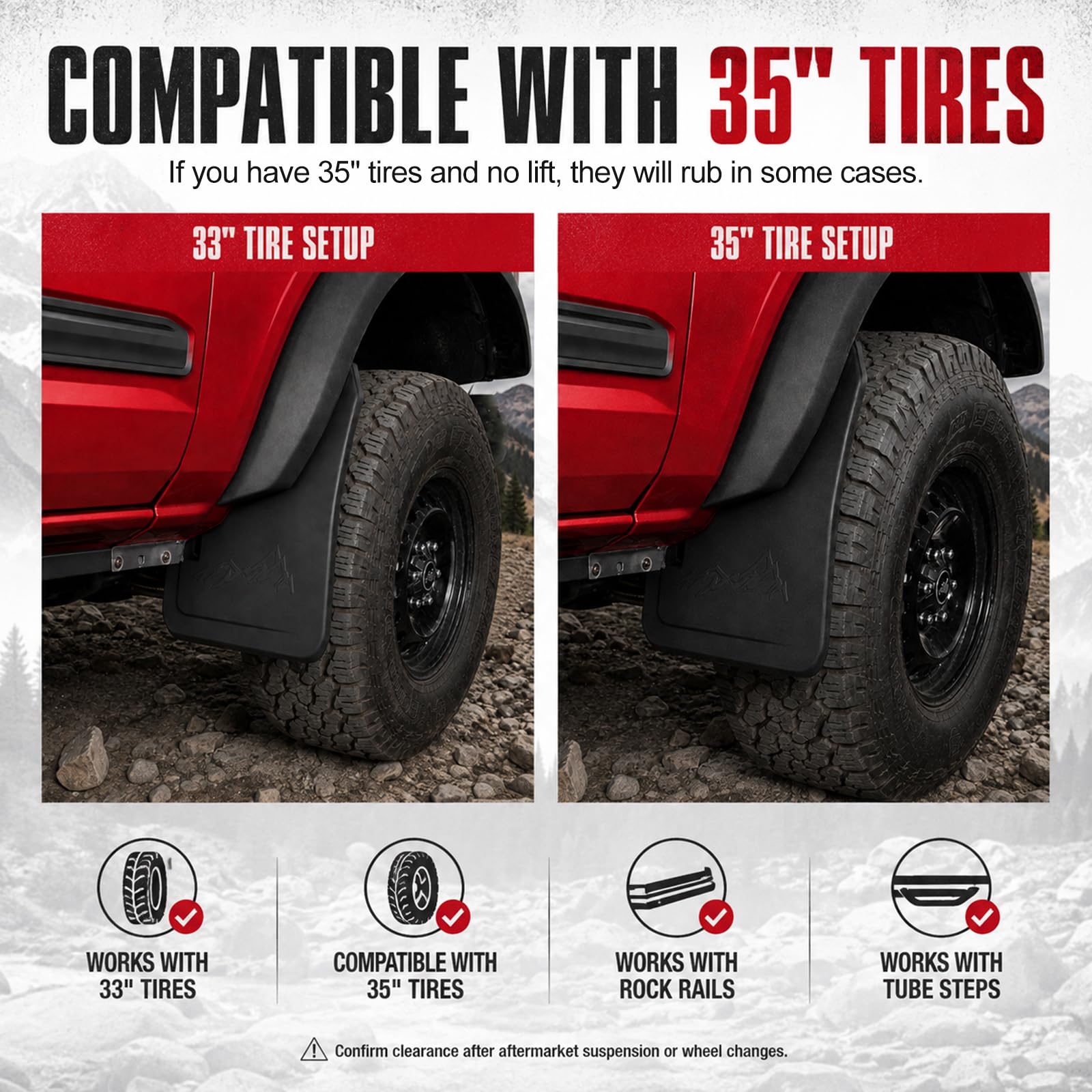 Mabett mud flap mounted next to rock rail prevents side panel debris