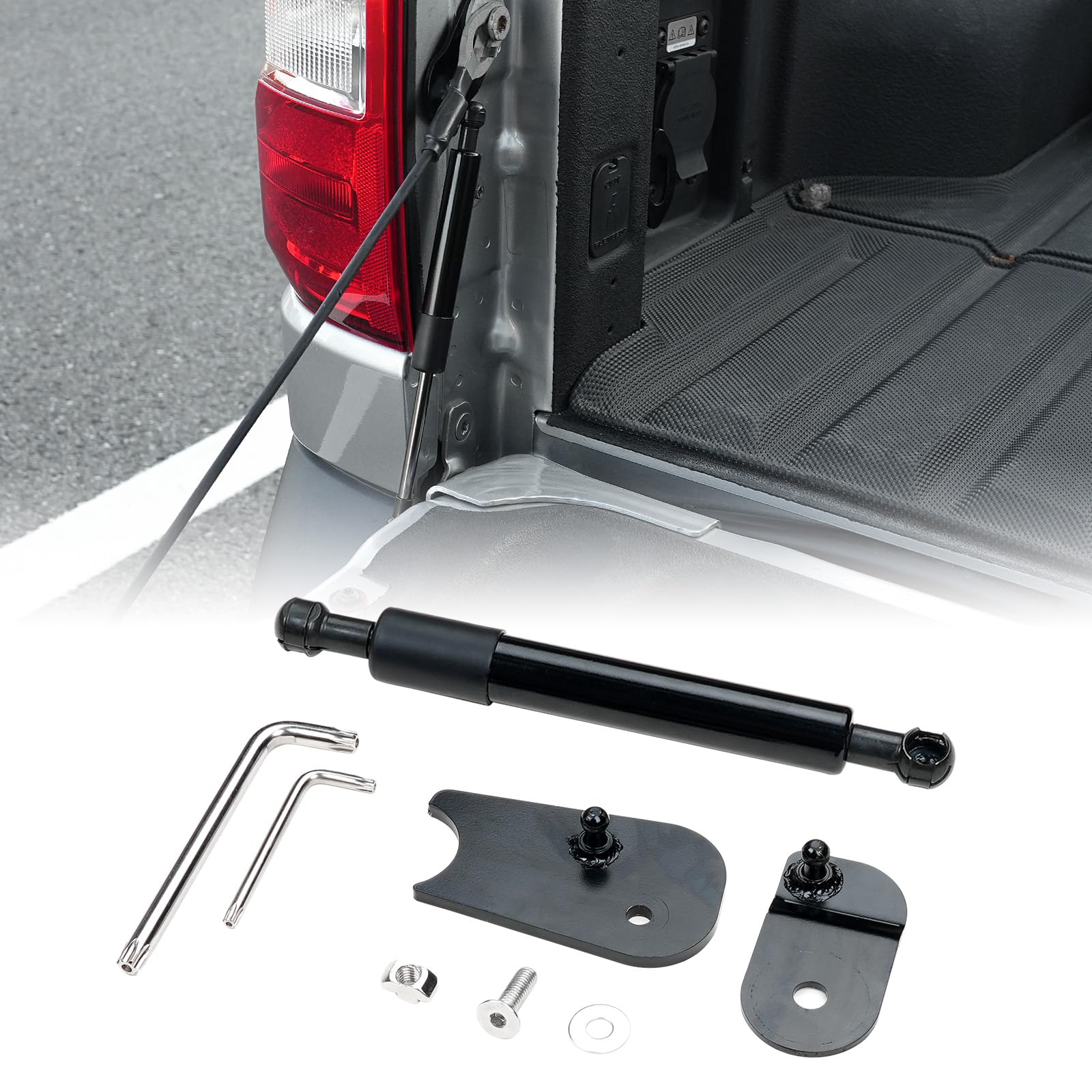 Mabett tailgate strut front view showing compact direct-fit design and durable construction
