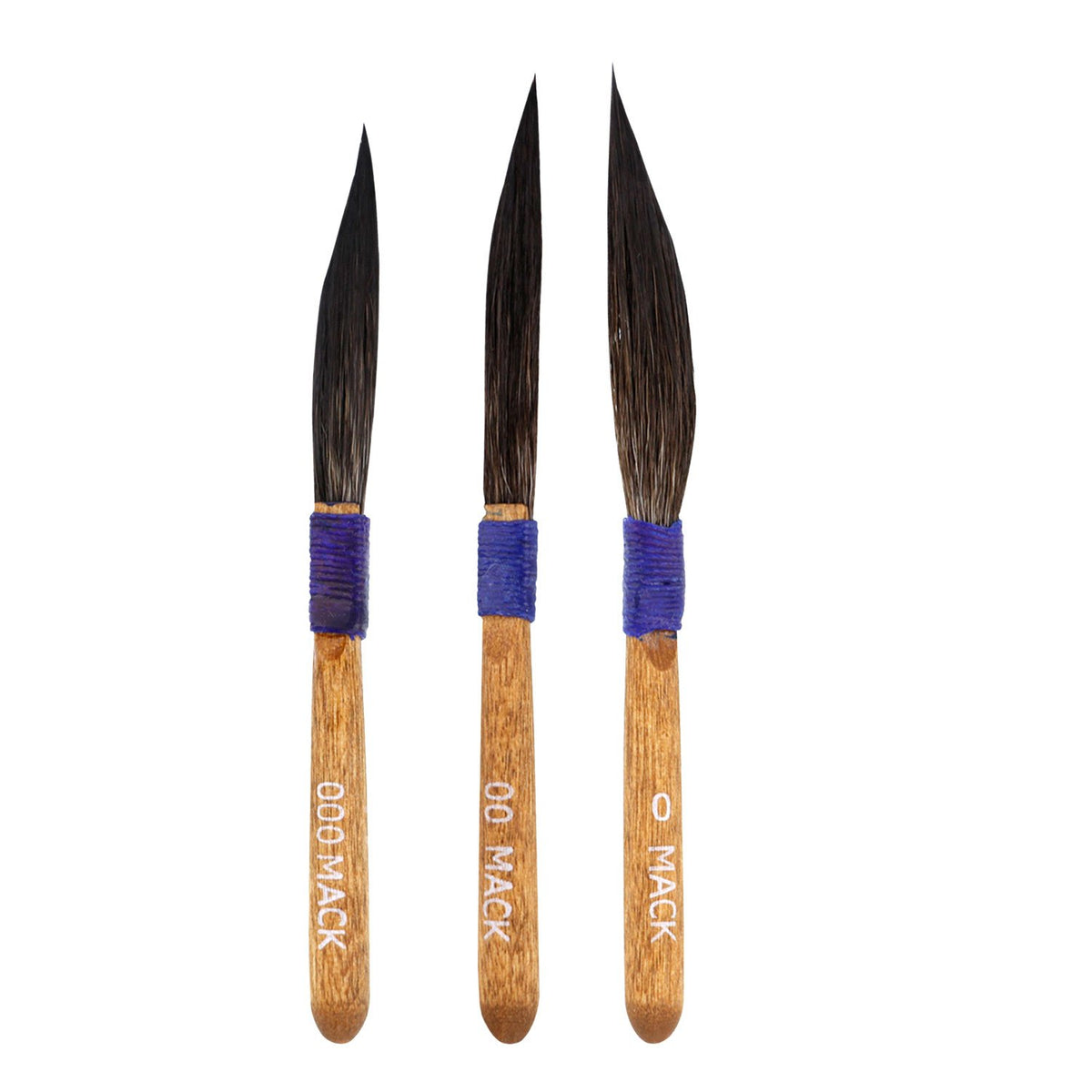 Mack Sword brushes front view showing three sizes and precise tips for smooth lines