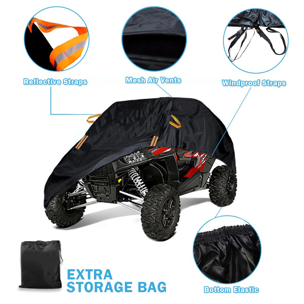 Macosy UTV cover on vehicle outdoors protecting from rain and dust
