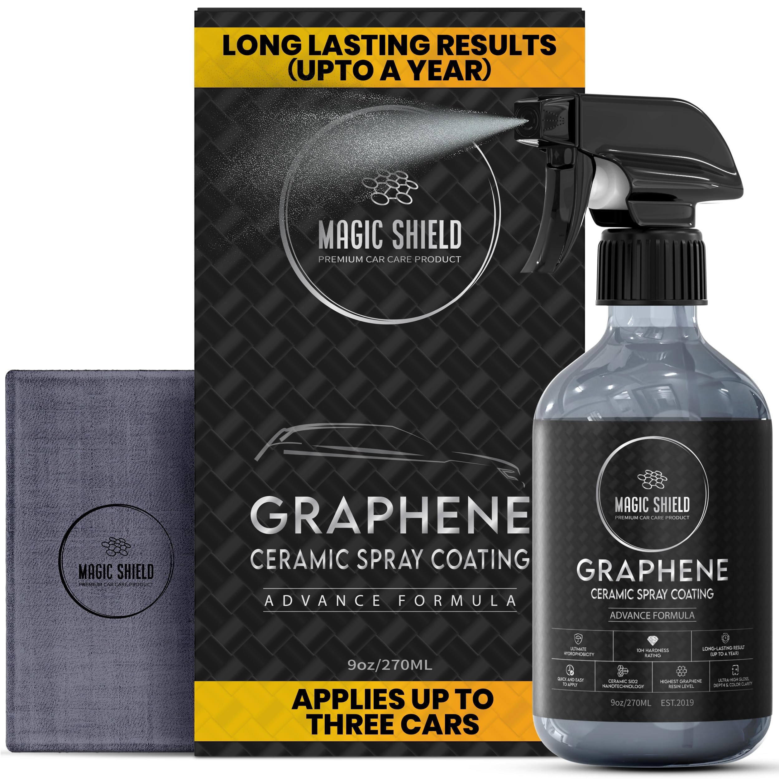 Magic Shield front label bottle showing product and easy application benefit