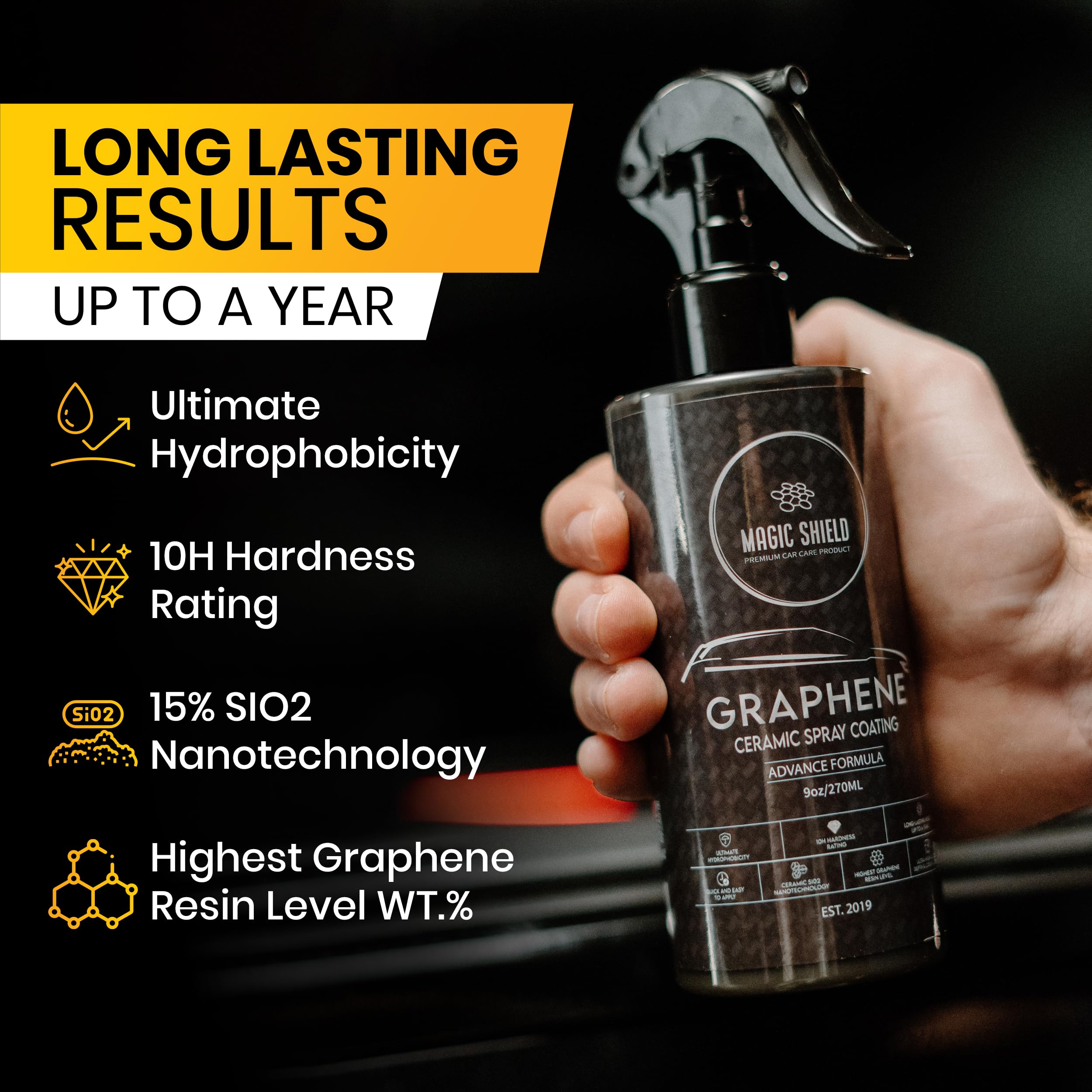 Magic Shield spray action on car panel for quick, no-tools application benefit