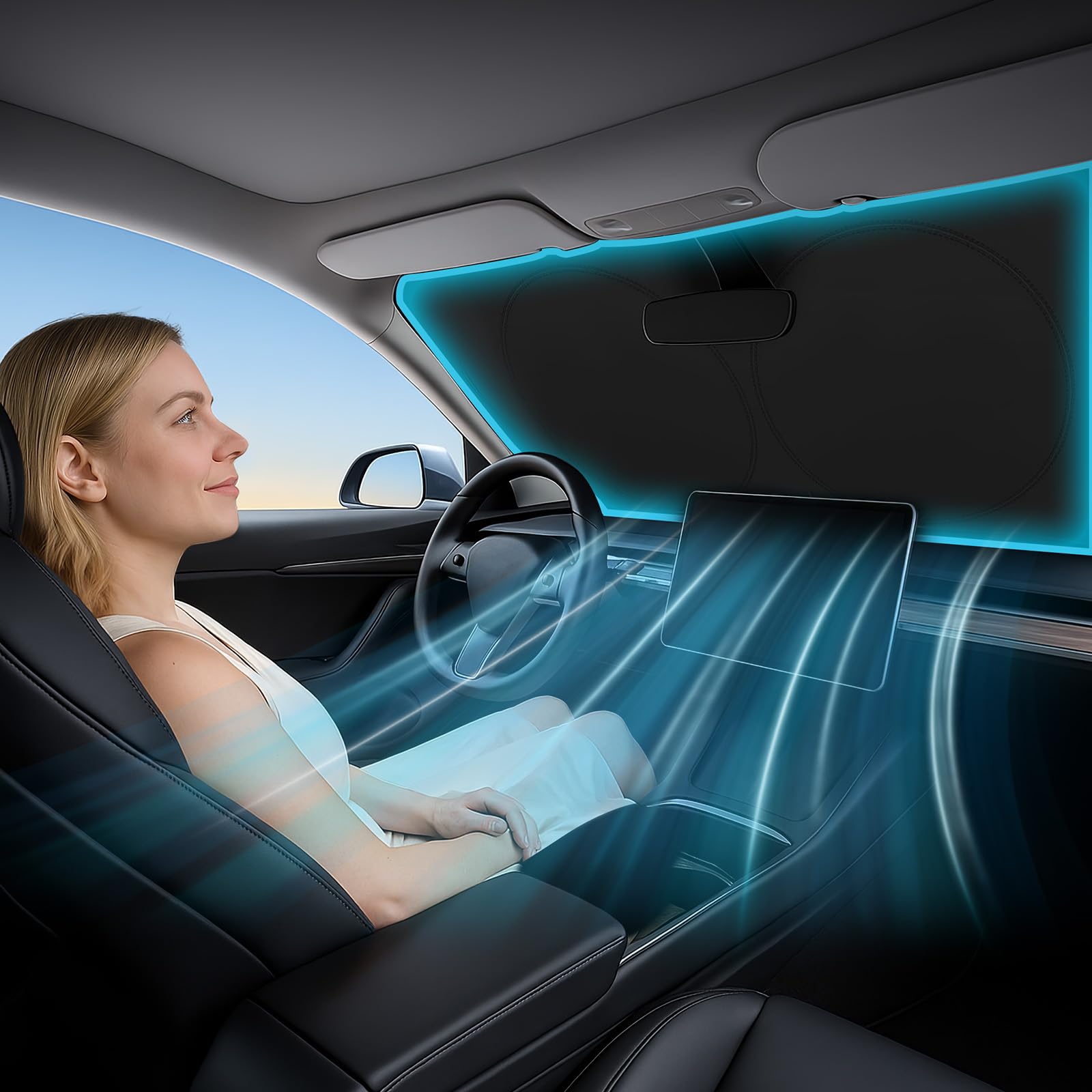 Magnelex lifestyle scene with parked car and sunshade protecting interior