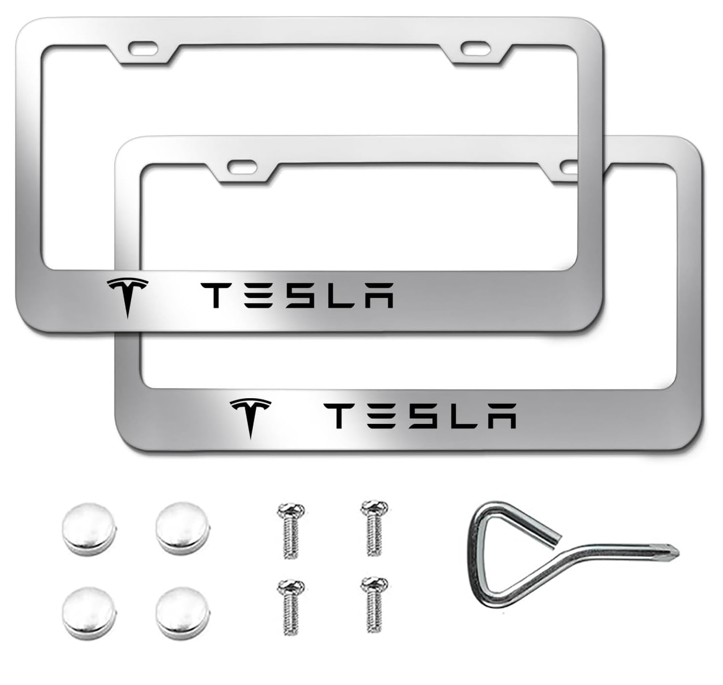 Maikebe stainless steel frame front view showing sleek silver finish and clean edges benefit: enhances Tesla appearance
