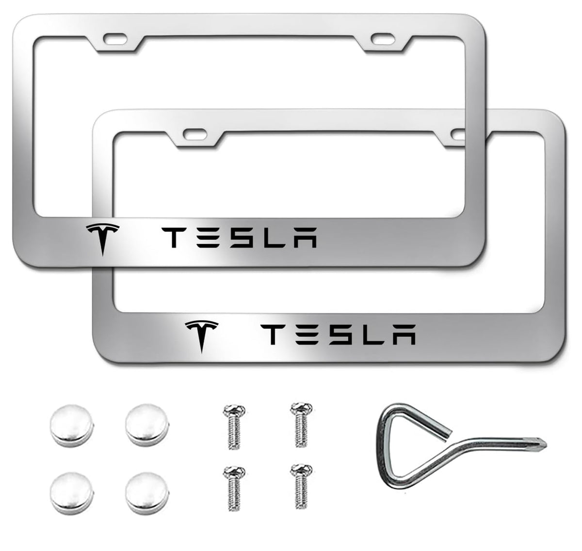 Maikebe stainless steel frame front view showing sleek silver finish and clean edges benefit: enhances Tesla appearance