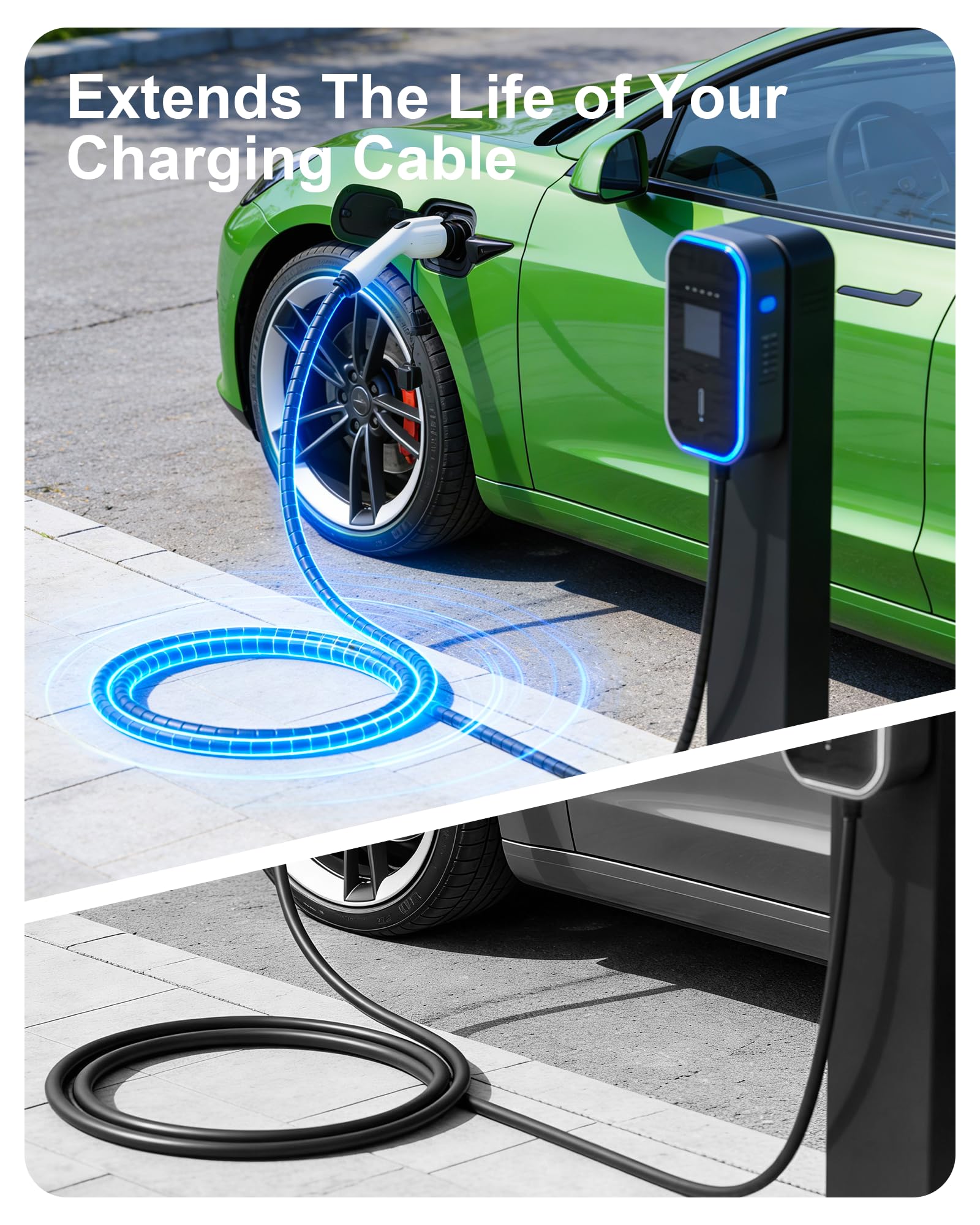 Maizengauto sleeve laid across driveway protecting charging cable from abrasion