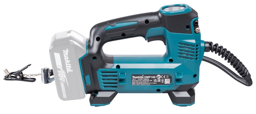 Makita DMP180Z inflating a car tyre quickly and accurately with cordless power