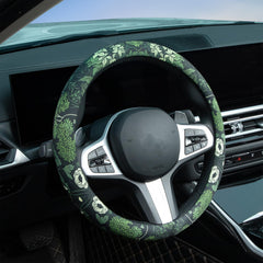 MAKLUVL front view of sage floral steering wheel cover showing design and fit benefit