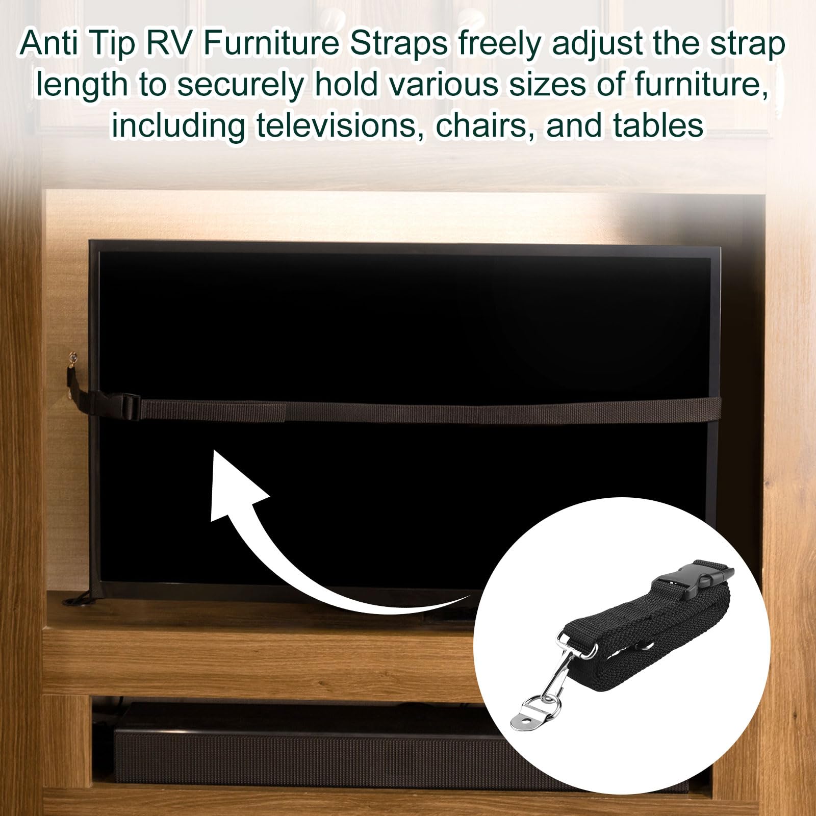Malae lifestyle RV interior with straps installed showing stabilized furniture