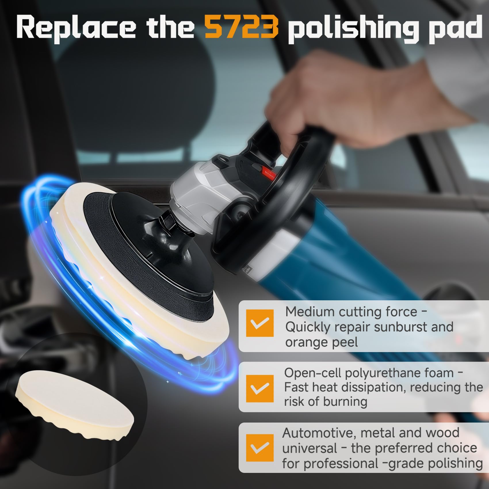 Mangoct pad attached to a polisher demonstrating secure fit and even removal