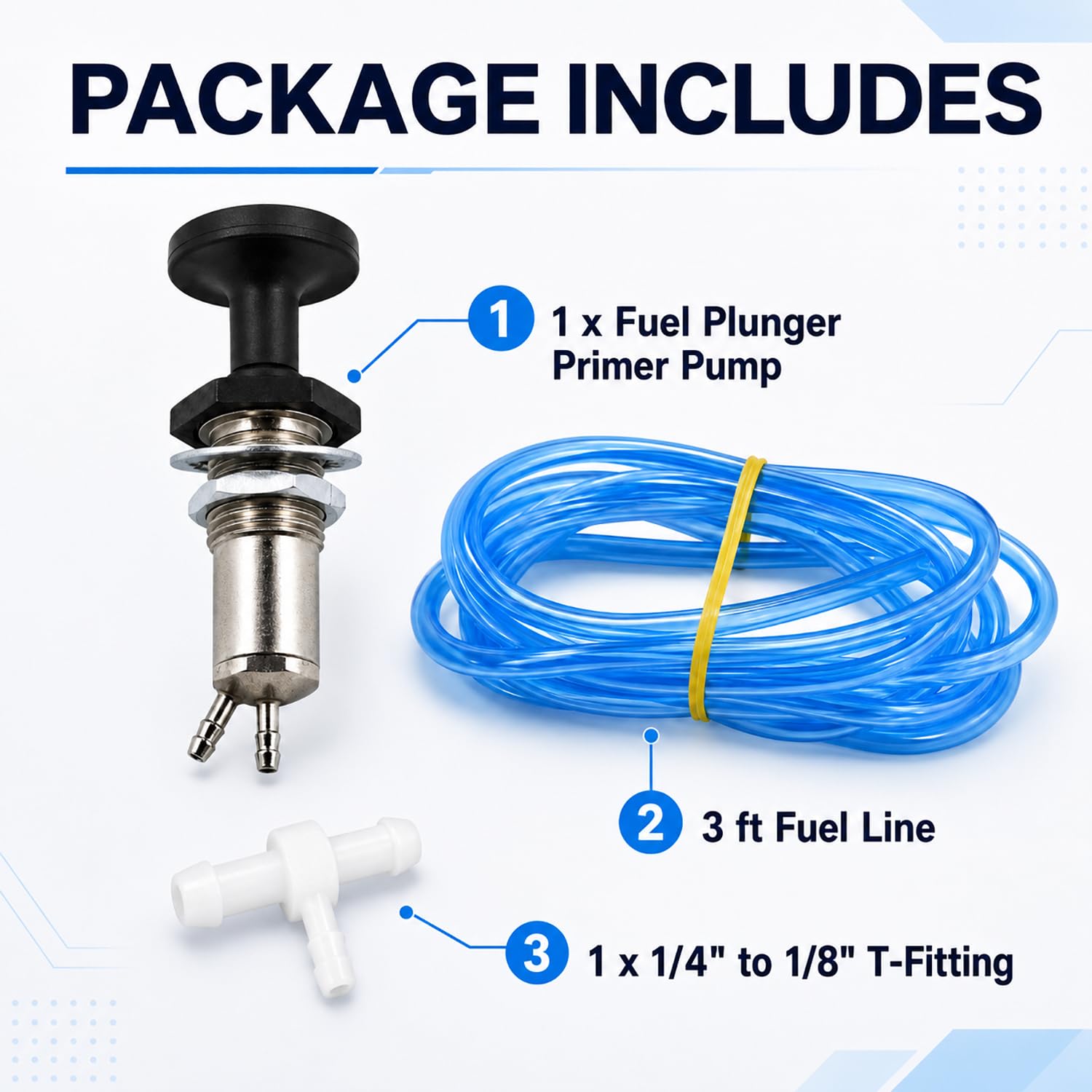 Manioiity packaging contents laid out to show included plunger, T, and hose