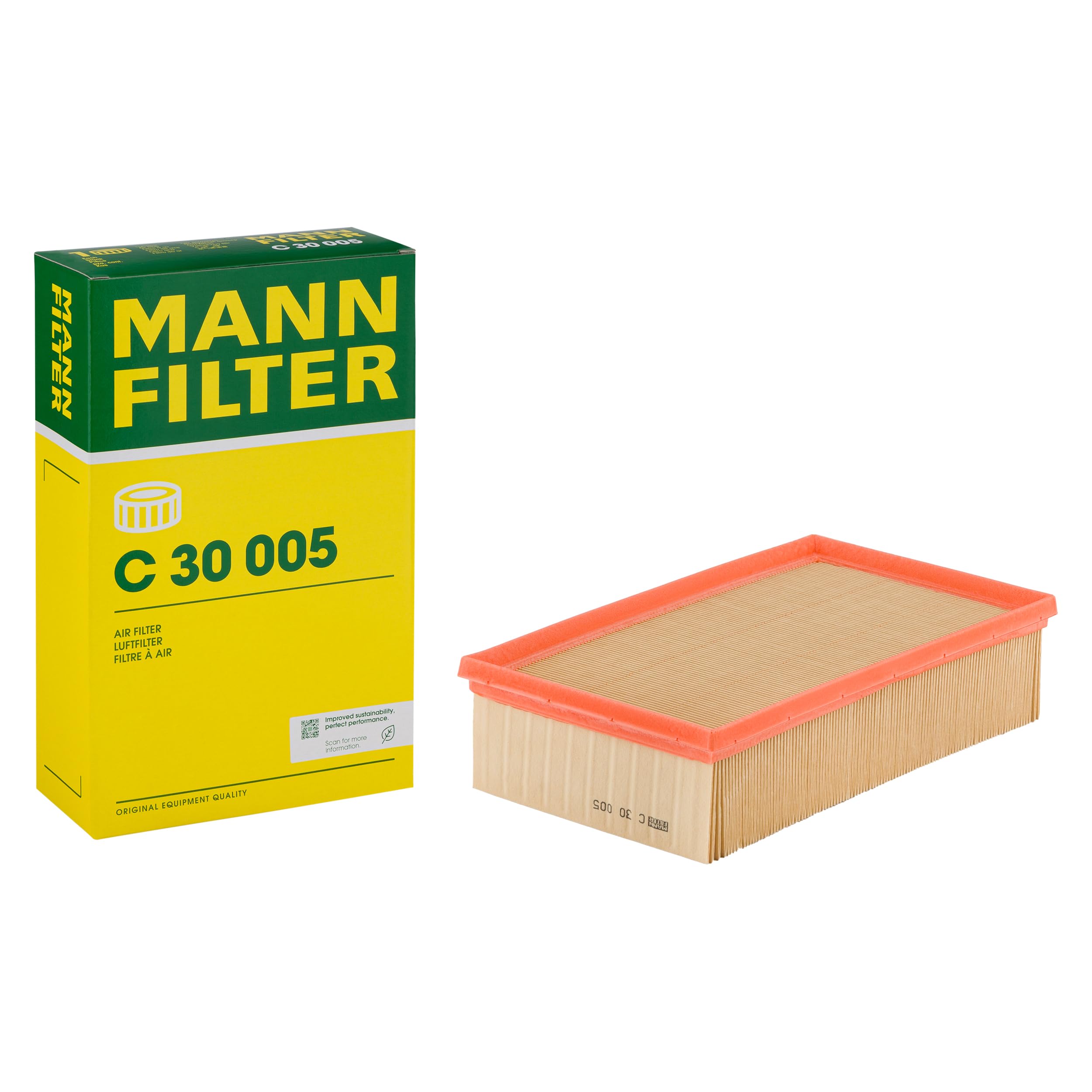 MANN-FILTER C 30 005 front packaging showing product and model, assures OE-quality fit
