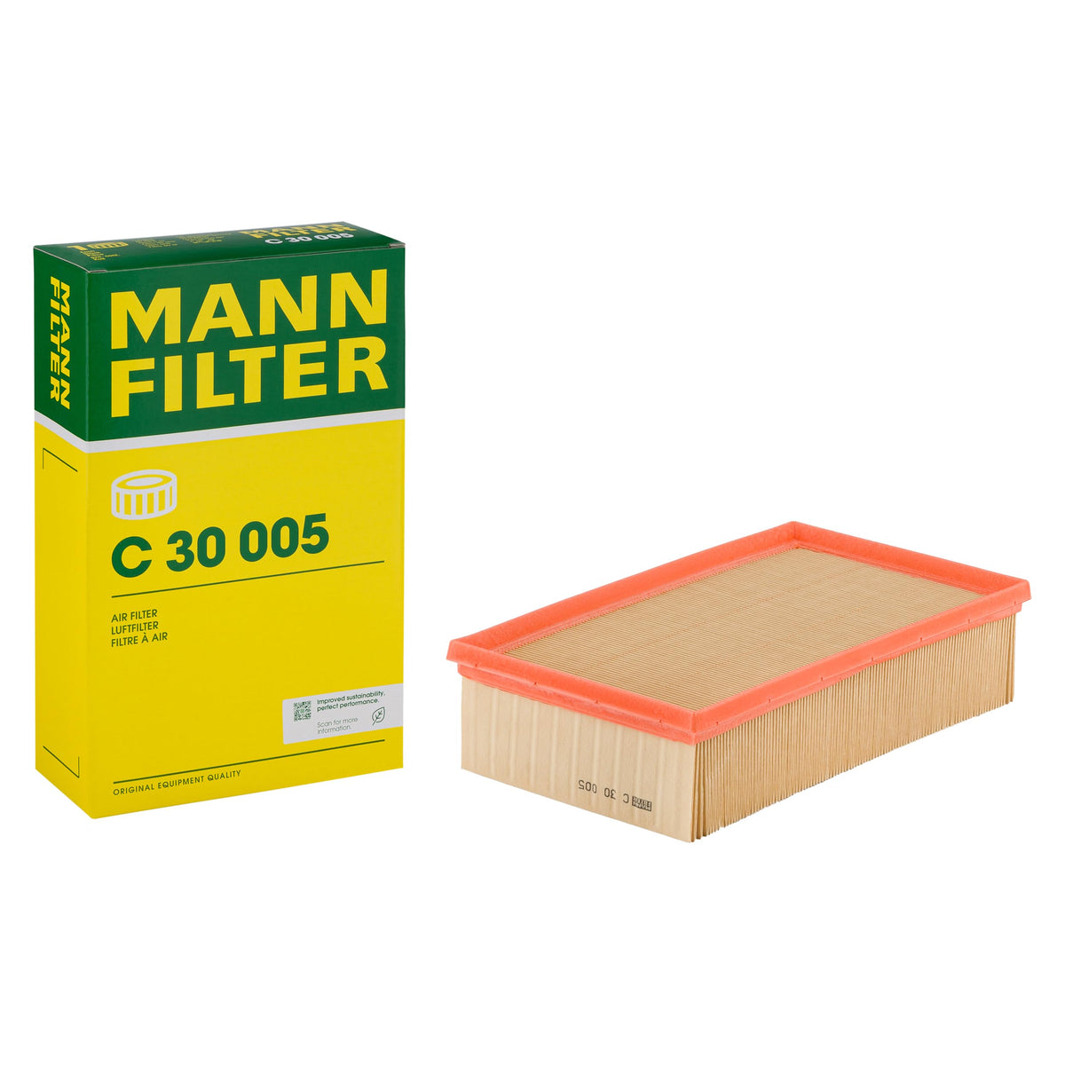 MANN-FILTER C 30 005 front packaging showing product and model, assures OE-quality fit
