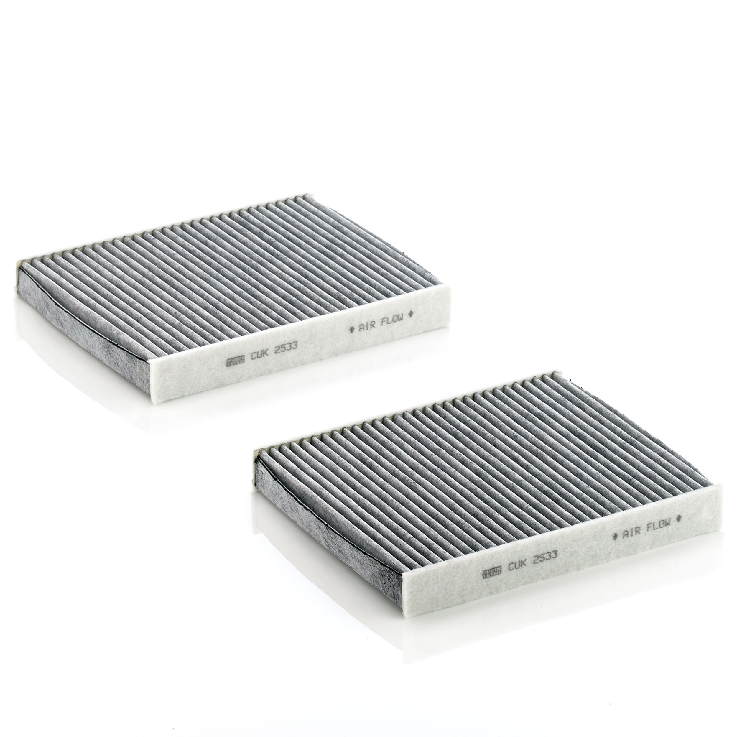Mann Filter charcoal layer closeup showing activated carbon pores for gas adsorption