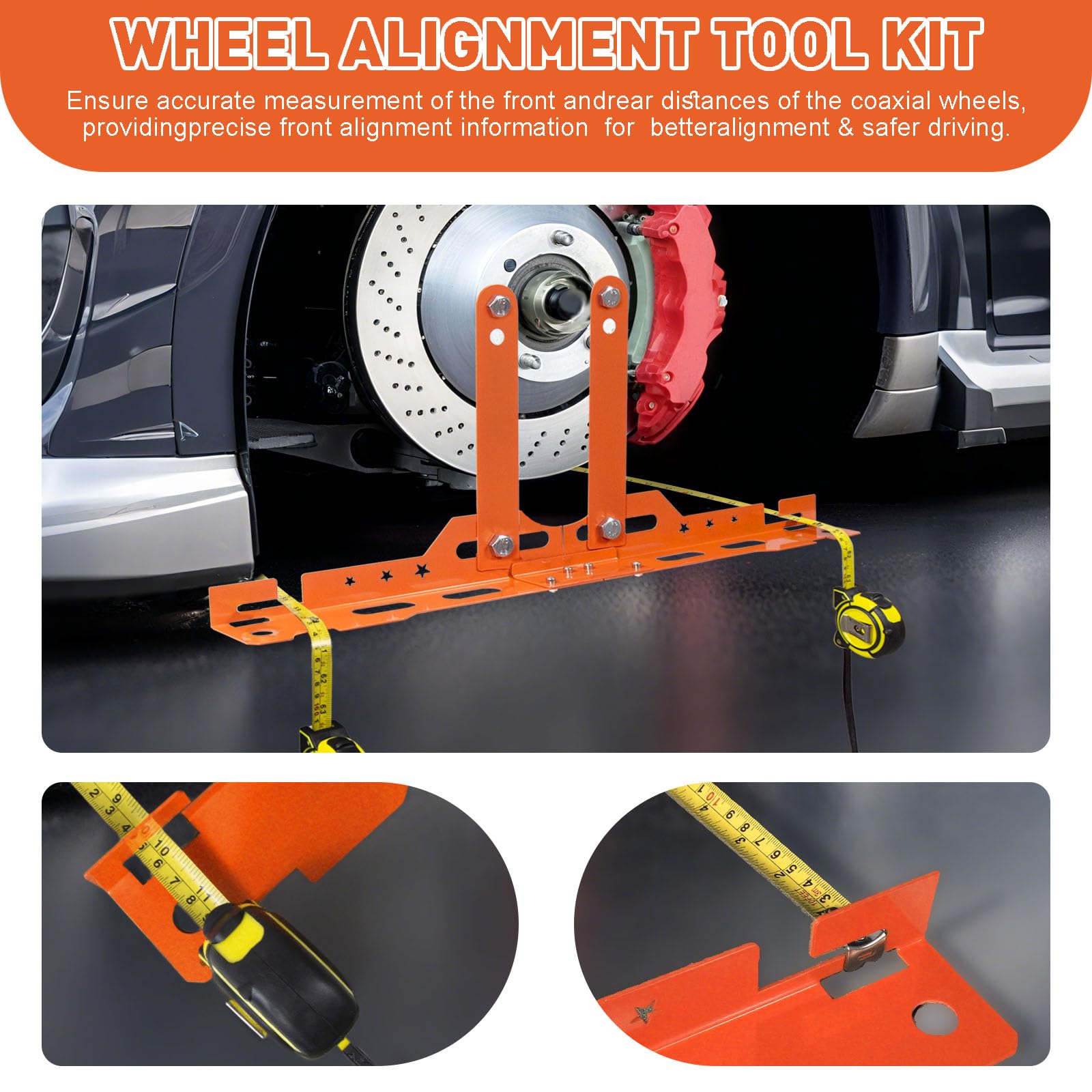 Mapaim plate against wheel in garage demonstrates easy on-vehicle toe checks