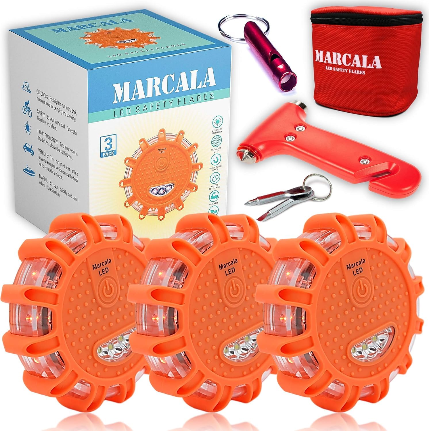 Marcala front packaging showing complete roadside kit and ready-to-gift box