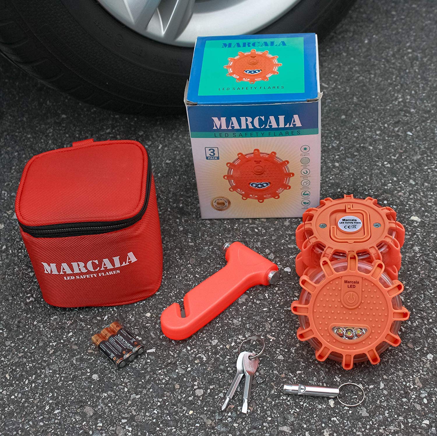 Marcala flares used on roadside with vehicle to show practical safety use