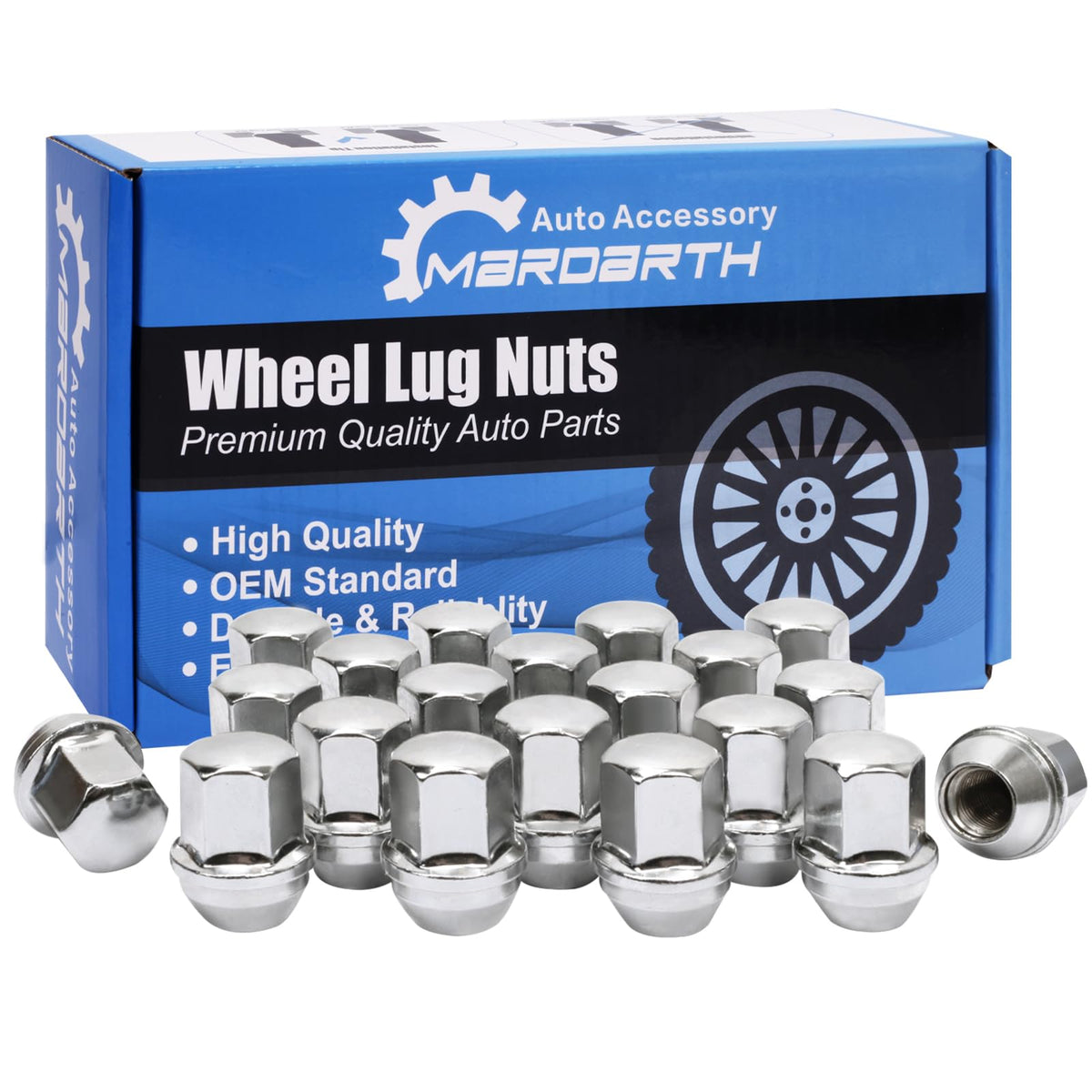 Mardarth chrome lug nuts front packaging showing complete 20-piece kit and durability