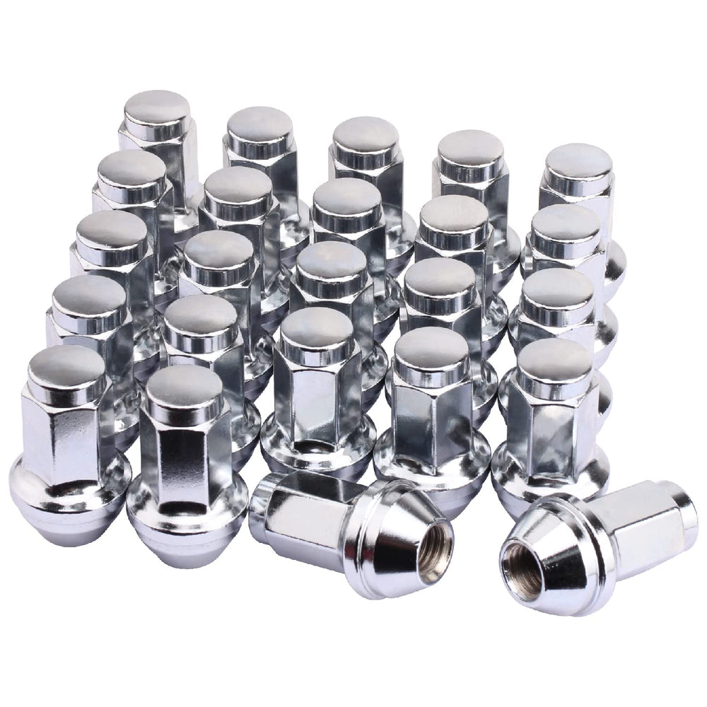 Mardarth front view of 24 chrome acorn lug nuts showing complete set and packaging benefit: ready replacement