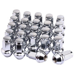Mardarth front view of 24 chrome acorn lug nuts showing complete set and packaging benefit: ready replacement