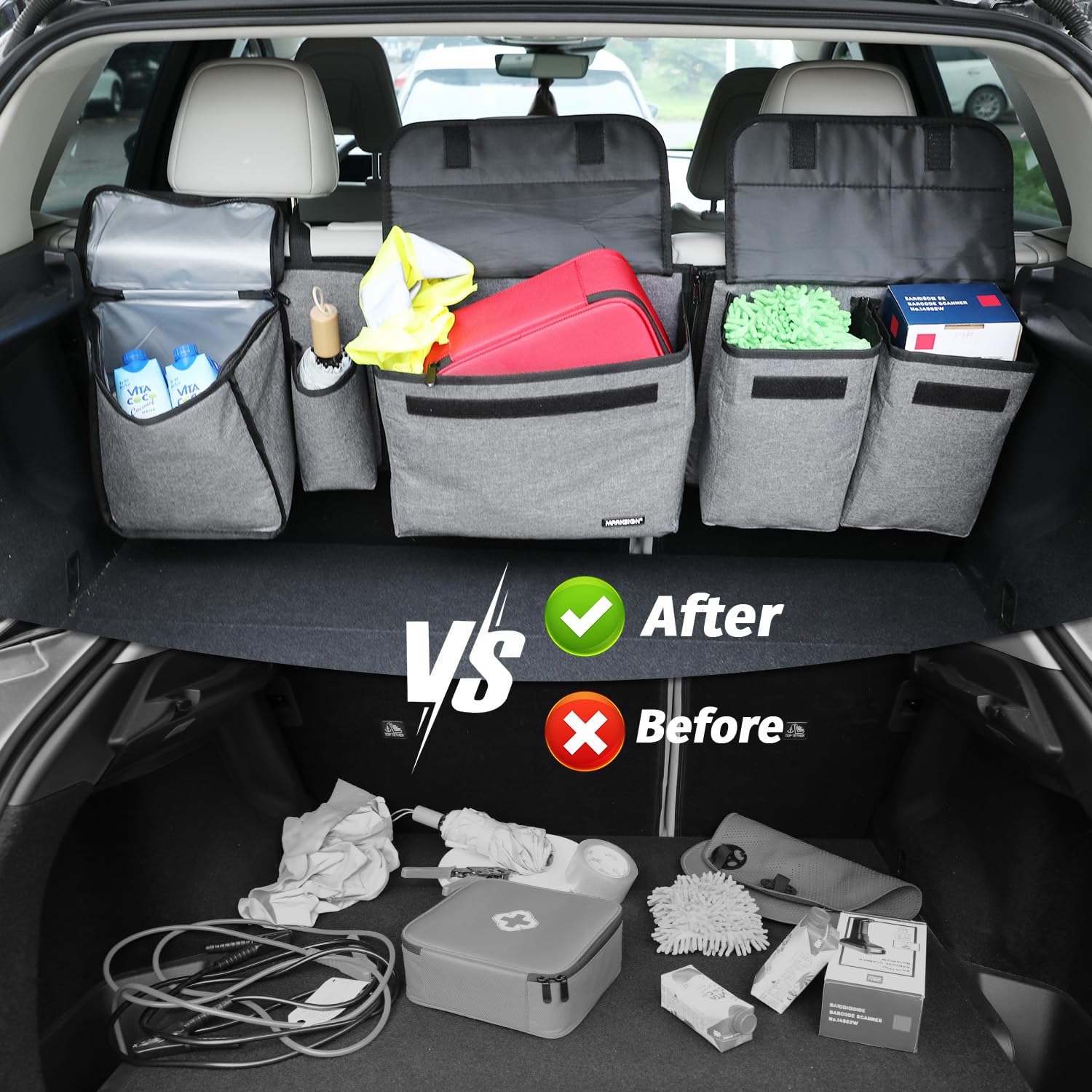 MARKSIGN hanging on backseat in SUV to free trunk space and organize items