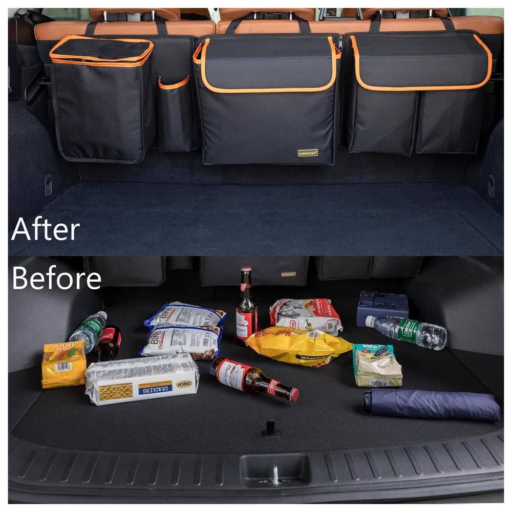 MARKSIGN in-car lifestyle scene with organized gear for a road trip