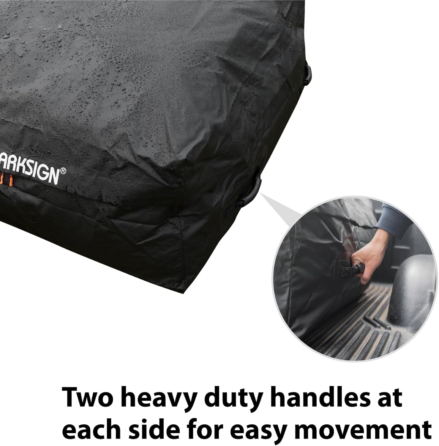 MARKSIGN reinforced side handle being gripped for easy carrying and hauling