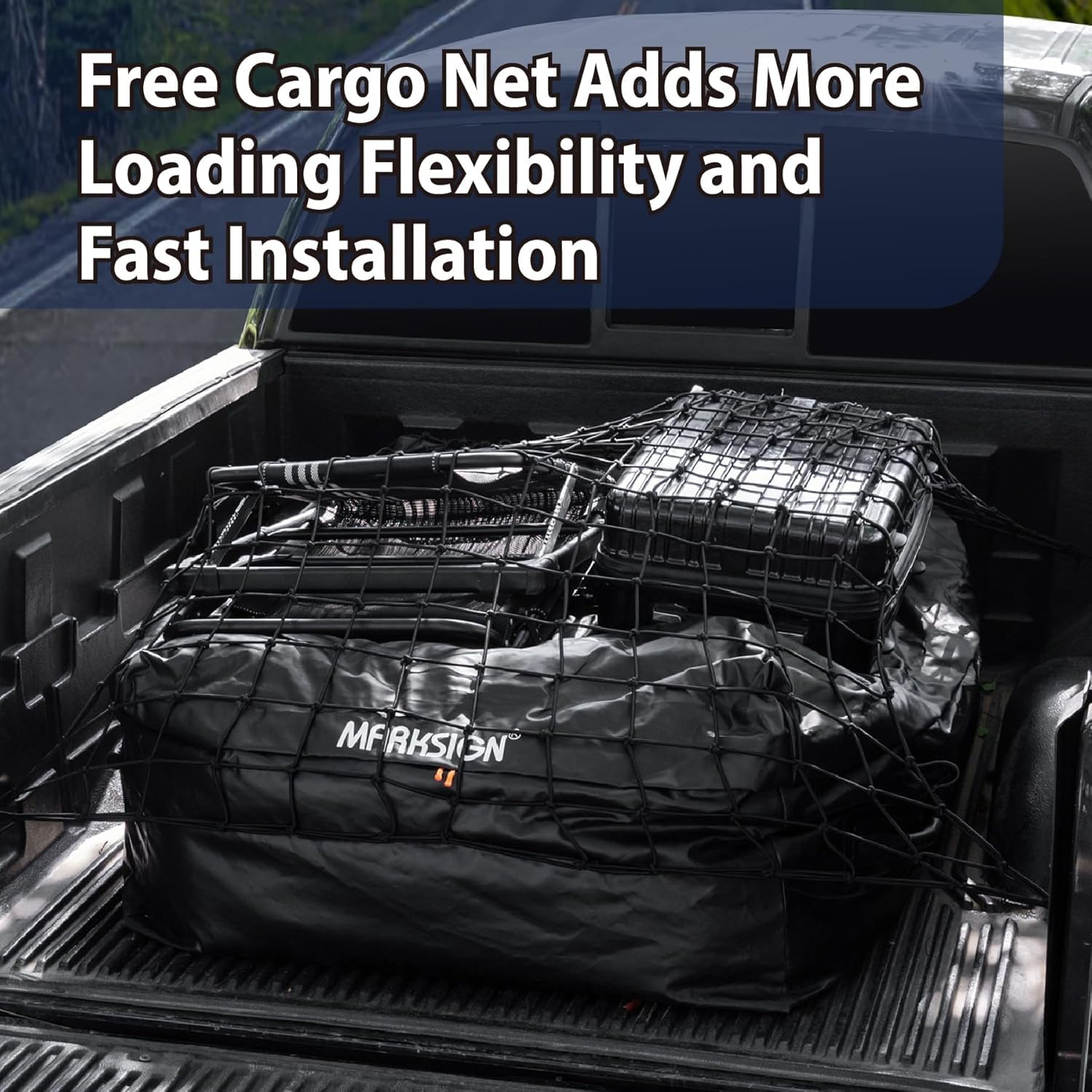 MARKSIGN cargo bag next to suitcases showing 26 cu ft capacity and scale