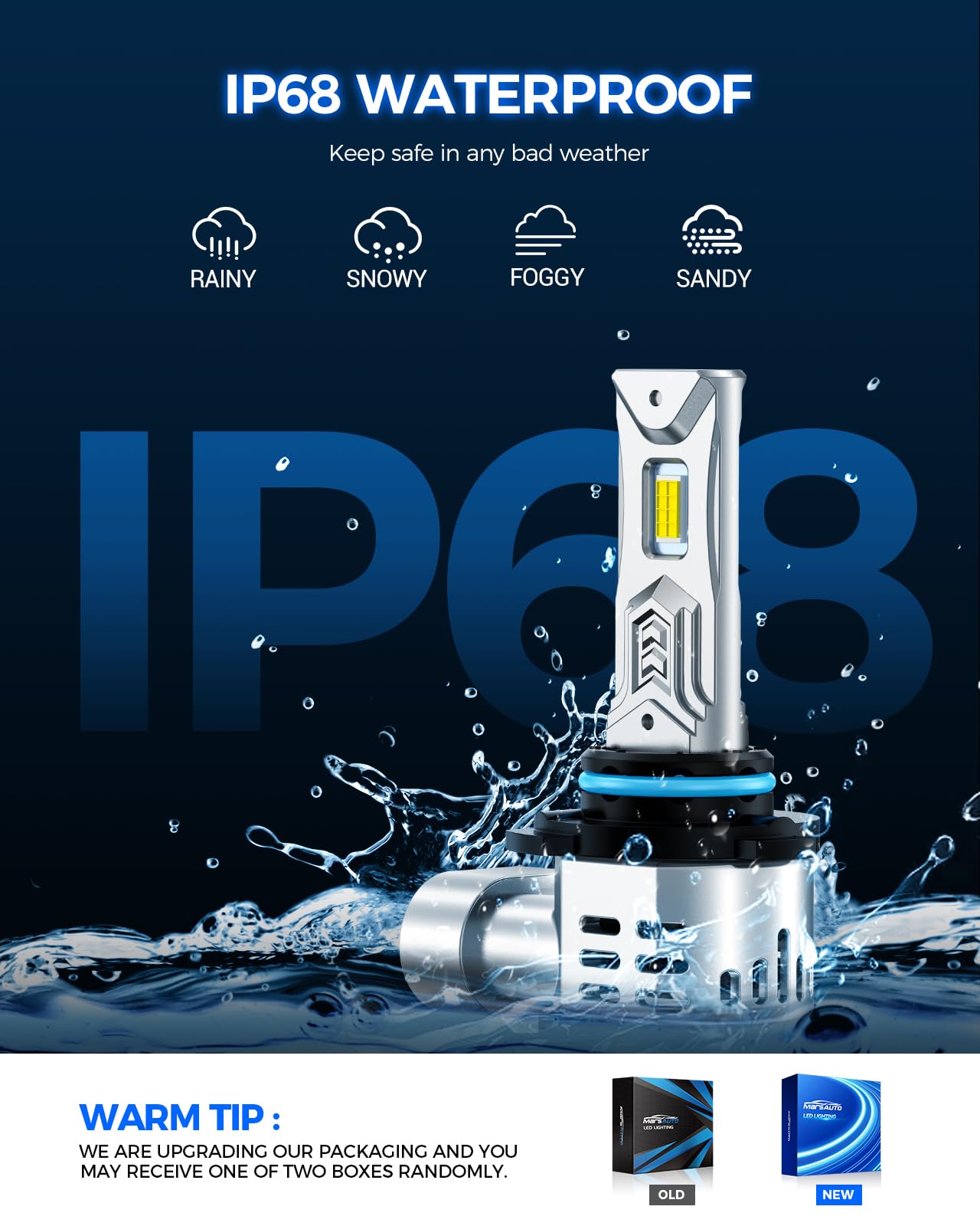 Marsauto bulb under water spray demonstrating IP68 waterproof protection for wet-weather reliability