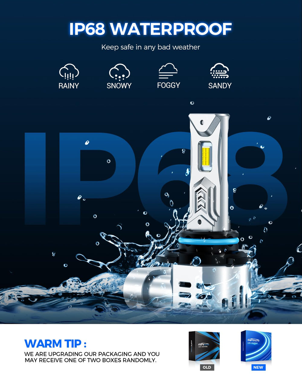 Marsauto bulb under water spray demonstrating IP68 waterproof protection for wet-weather reliability