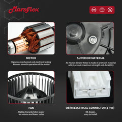 Marsflex blower motor side profile demonstrating balanced housing for quiet use