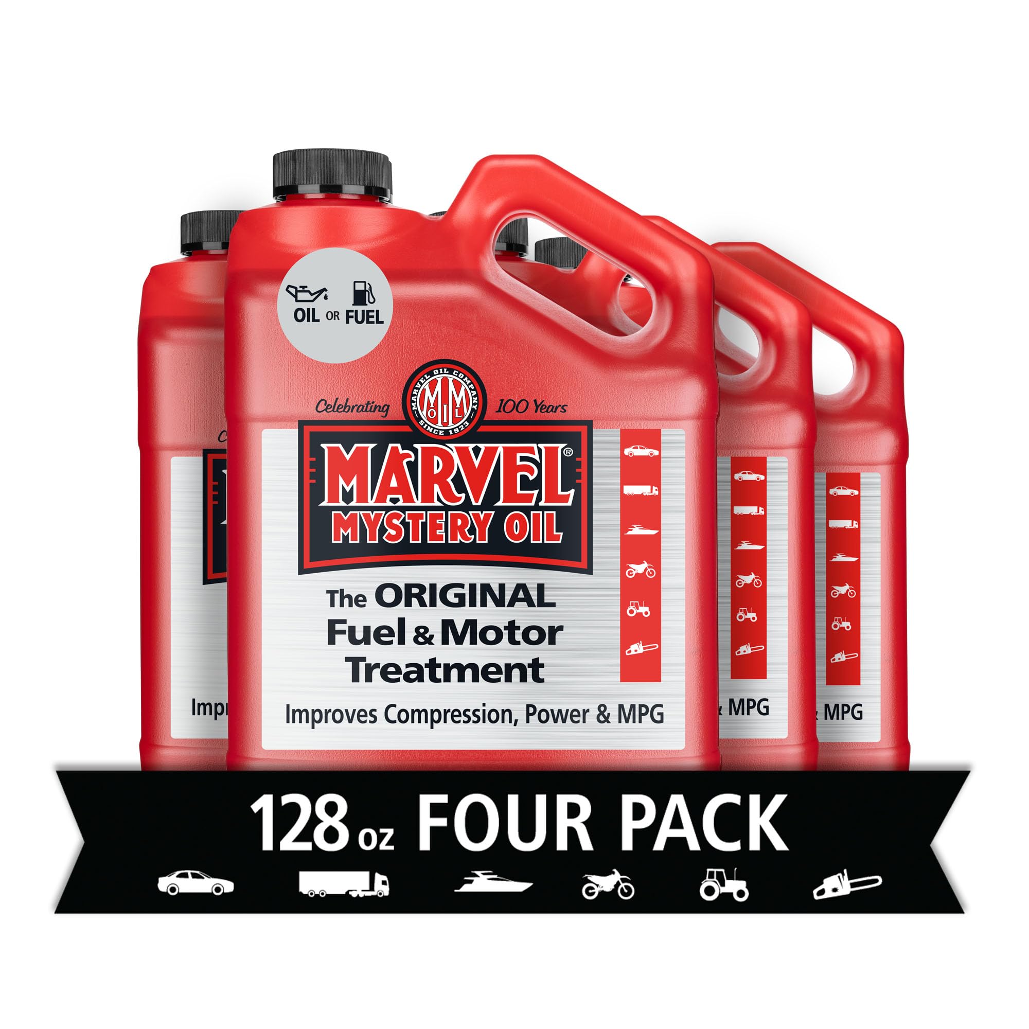 Marvel Mystery Oil front packaging shows bottle and benefits for engine care