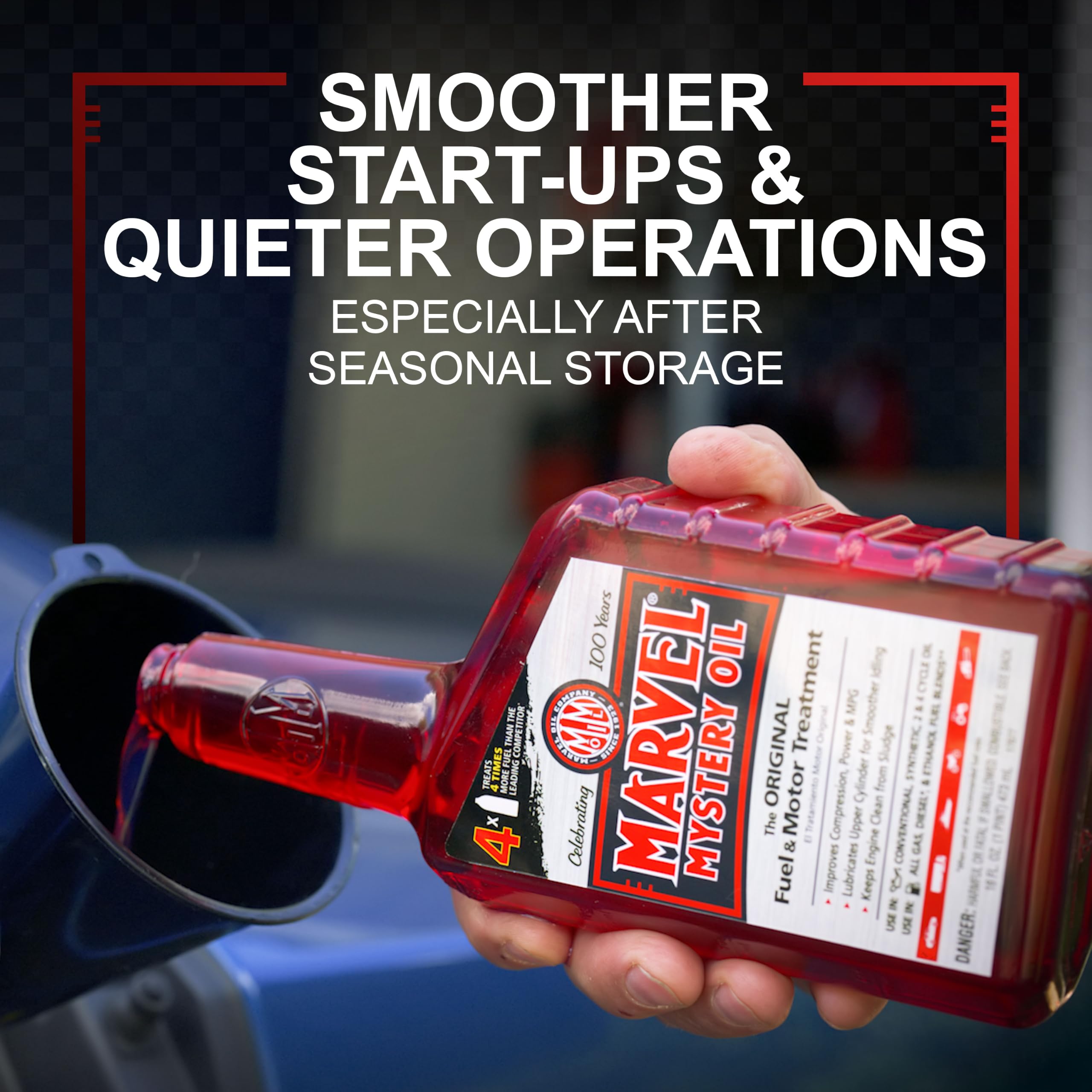 Applying Marvel Mystery Oil during lawnmower maintenance for smoother seasonal start-up